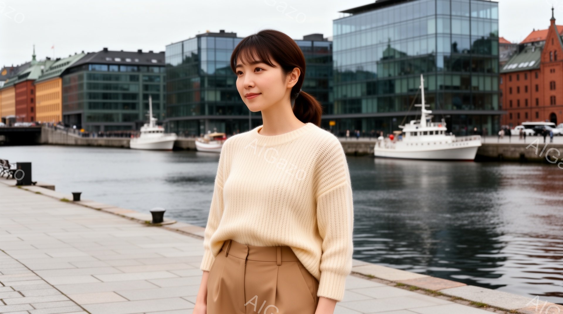 この女性は、クリーム色のざっくりとしたニットセーターとキャメル色のワイドパンツを着用し、落ち着いた雰囲気を醸し出しています。彼女は軽く微笑み、カメラの方を見つめており、髪は後ろで一つにまとめられています。背景には、モダンなガラス張りの建物と、水面に浮かぶ白いボート、そして曇り空が広がっており、穏やかで洗練された雰囲気を演出しています。
