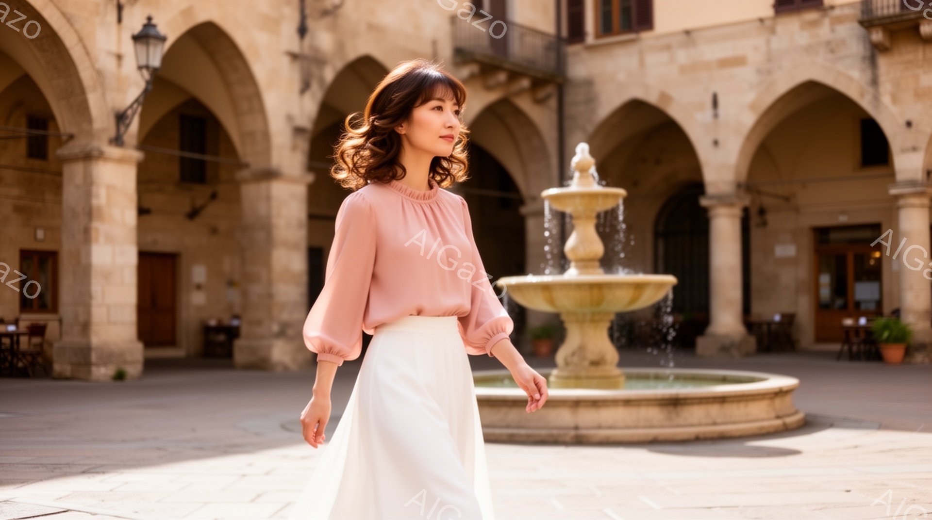 柔らかいピンク色のブラウスと白のフレアスカートを身につけた女性が、石畳の広場を歩いている。彼女は髪を軽くカールさせ、リラックスした表情で前を見つめている。背景には石造りのアーチが連なり、中央に噴水が設置された、穏やかでクラシカルな雰囲気の広場が広がっている。