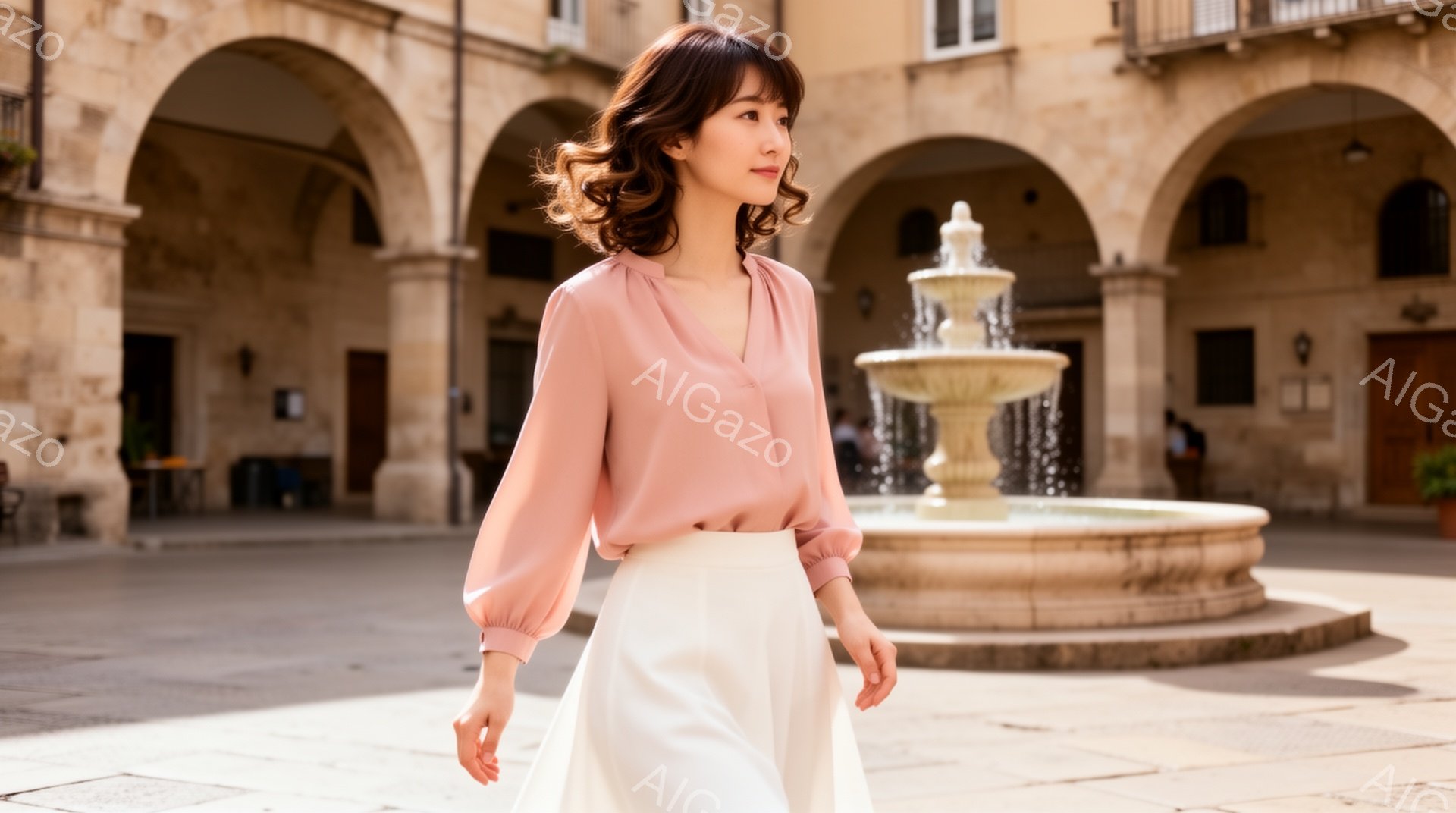 明るい日差しの下、女性が石畳の広場を歩いている。彼女はペールピンクのブラウスと白いロングスカートを身につけ、髪は肩のあたりで軽くカールしている。背景には、アーチ型の入り口を持つ古い石造りの建物と、水が流れ落ちる美しい噴水が見え、穏やかで優雅な雰囲気を醸し出している。
