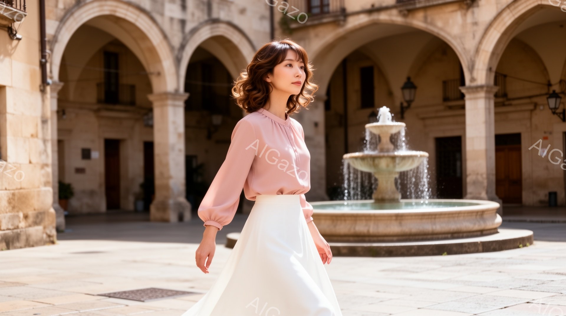 明るい日差しの下、女性がクリーム色のスカートと薄いピンク色のブラウスを着て石畳の広場を歩いている。彼女は髪を軽く巻いており、少し横を向いて微笑んでいるように見える。背景には、アーチ状の回廊と噴水があり、歴史的な建物が並ぶヨーロッパの広場の一角を捉えている。