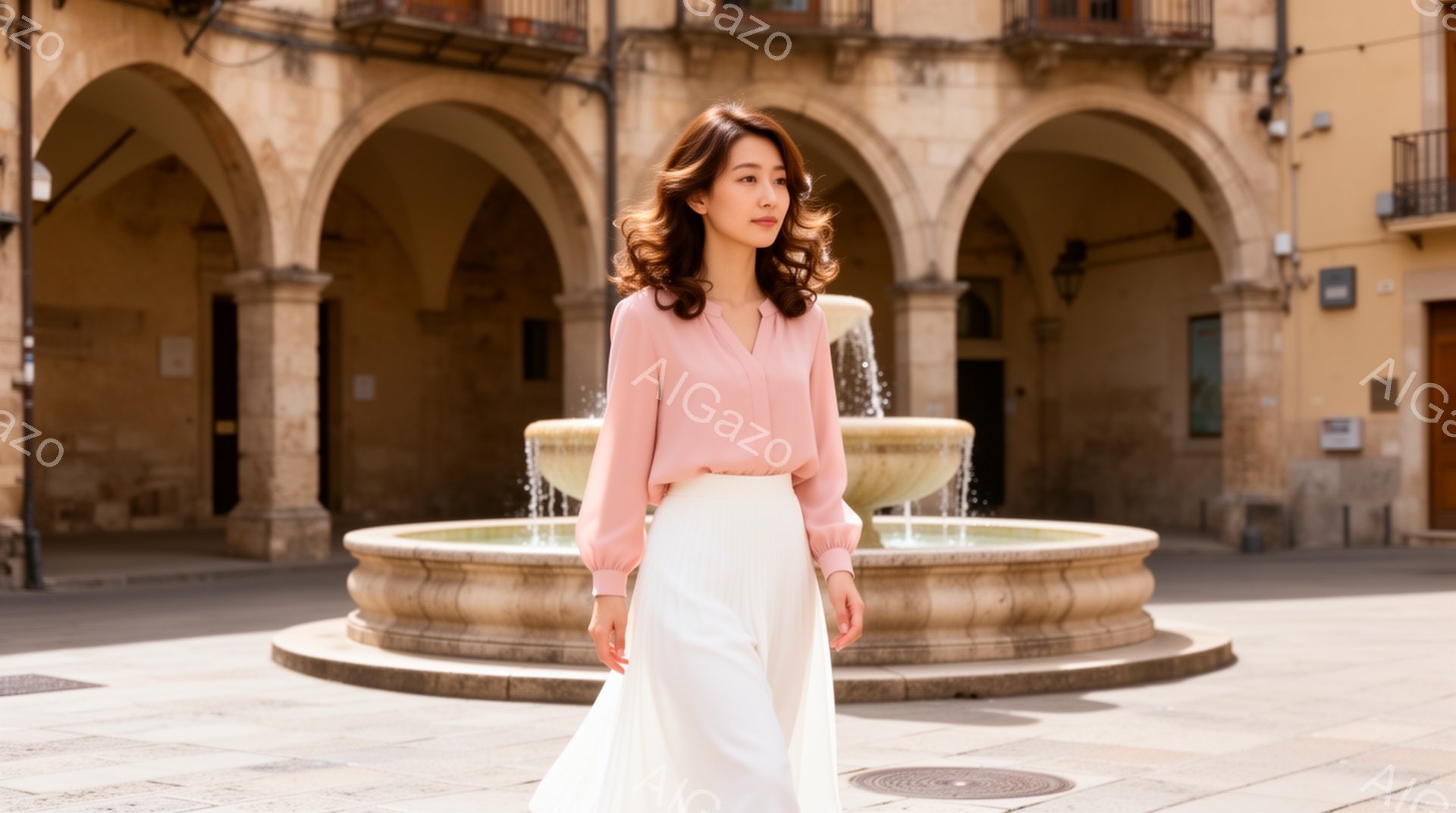 明るいピンク色のブラウスと白いフレアスカートを身につけた女性が、石畳の広場を歩いている。彼女は髪を軽くカールさせ、少し微笑んだ表情で、どこか優雅で洗練された雰囲気を漂わせている。背景には、アーチ状の窓が並んだ歴史的な建物があり、晴天の下、穏やかで開放的な印象を与える。
