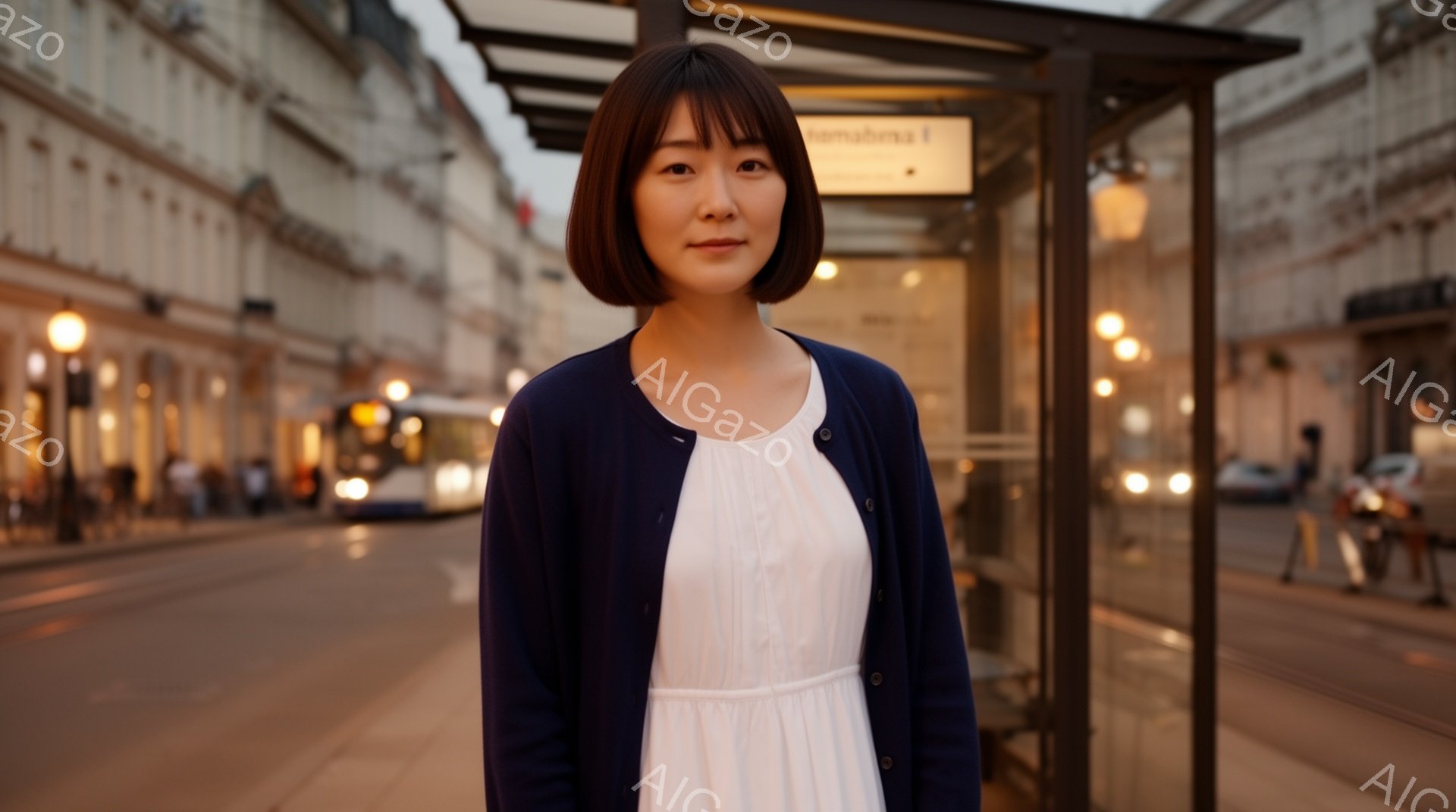 画像には、短い黒髪の女性が立っており、白いワンピースに濃い青のカーディガンを着ています。彼女はカメラの方をまっすぐ見ており、表情は穏やかで落ち着いています。背景には路面電車が走る通りと、クラシカルな建物が並び、夕暮れ時の静かで穏やかな雰囲気が漂っています。