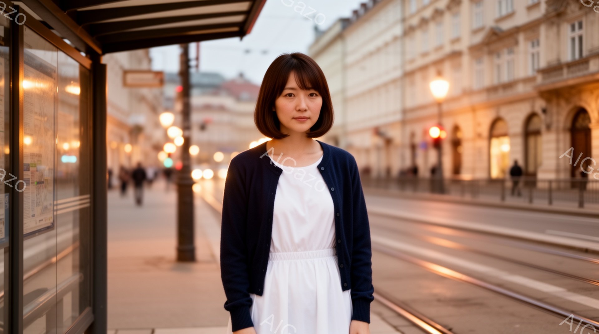 画像には、バス停で立つ若い女性が写っています。彼女は白いワンピースに濃い紺色のカーディガンを着ており、前髪を少し長めにしたダークブラウンのショートヘアです。背景には、街路樹が並ぶ広い道路と、歴史的な建物が連なる夜の街並みが広がっており、全体的に落ち着いた雰囲気です。