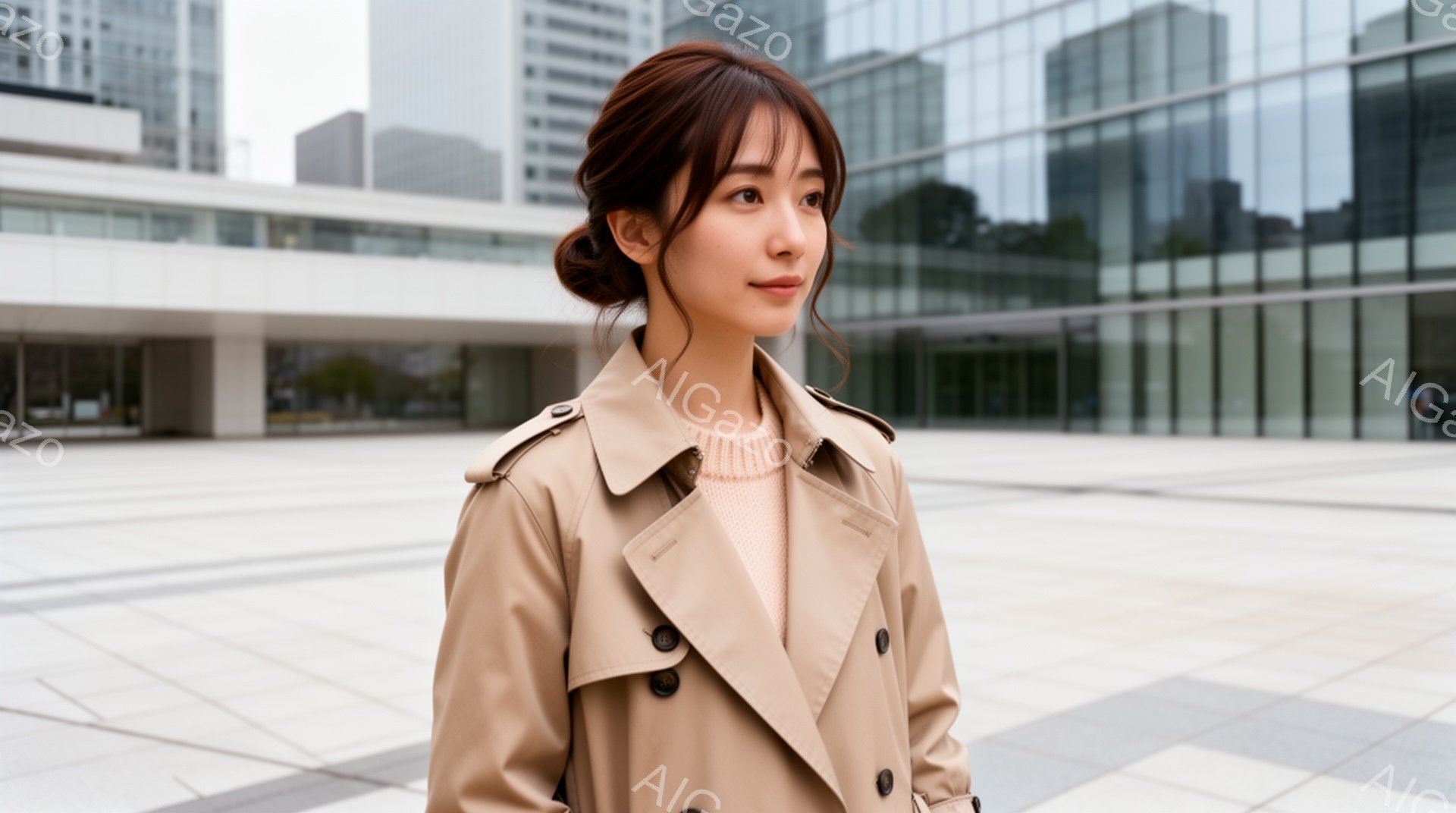 明るいベージュのトレンチコートを着た女性が、穏やかな表情で少し横を向いています。彼女は髪を後ろでまとめ、ベージュのセーターを着ています。背景には、ガラス張りの近代的な建物が広がり、石畳の広場が広がっており、晴れた日の都会的な雰囲気を醸し出しています。