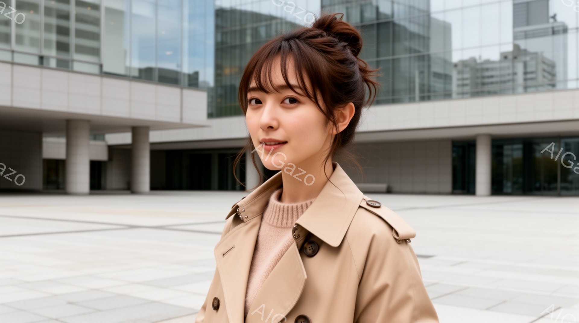 若い女性がベージュ色のトレンチコートと薄いピンク色のセーターを着て、正面を向いています。彼女は髪を高く結び、穏やかな微笑みを浮かべています。背景には近代的な建物が立ち並び、明るい日差しの下、整然とした - AI生成フリー素材