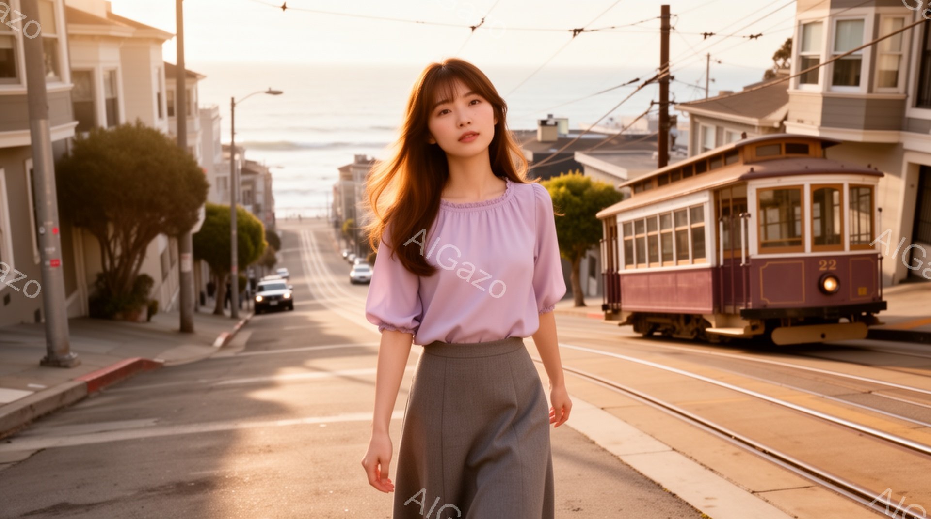 茶髪の女性が、薄紫色のパフスリーブブラウスとグレーのスカートを身に着けて、坂道の路面電車沿いを歩いている。彼女は少し微笑んでおり、リラックスした姿勢で前を見ている。背景には、カラフルな家々が並び、遠くには海が見え、夕暮れ時の穏やかで暖かい雰囲気を醸し出している。