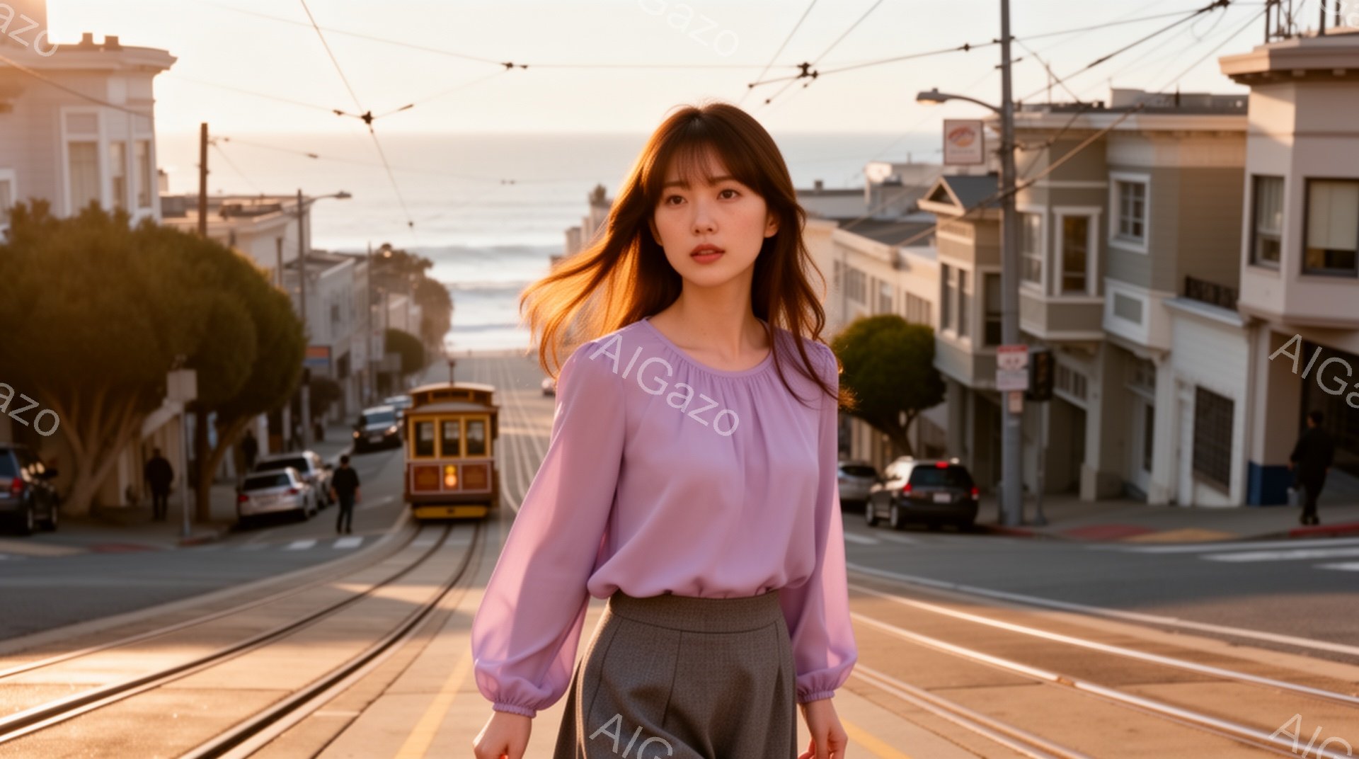 彼女は薄紫色の長袖ブラウスとグレーのスカートを身に着け、少し微笑んでいます。彼女は道路の真ん中で立ち、カメラの方を見ています。背景には、坂道に沿って並ぶ建物、路面電車、そして穏やかな海が見え、夕暮れ時の暖かく柔らかな光が全体を包んでいます。