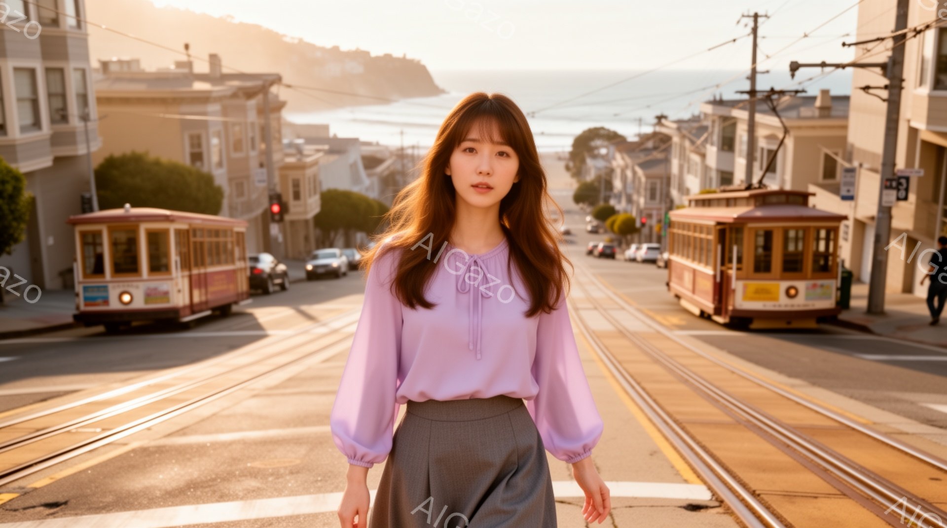 明るい紫色のブラウスにグレーのプリーツスカートを身につけた若い女性が、サンフランシスコの坂道で立っている。彼女は髪を耳にかかり、穏やかな笑顔を浮かべている。背景には、ケーブルカーの軌道と坂道に沿って並ぶ建物、そして遠くに見える海が広がり、穏やかで晴れた日の雰囲気が漂っている。