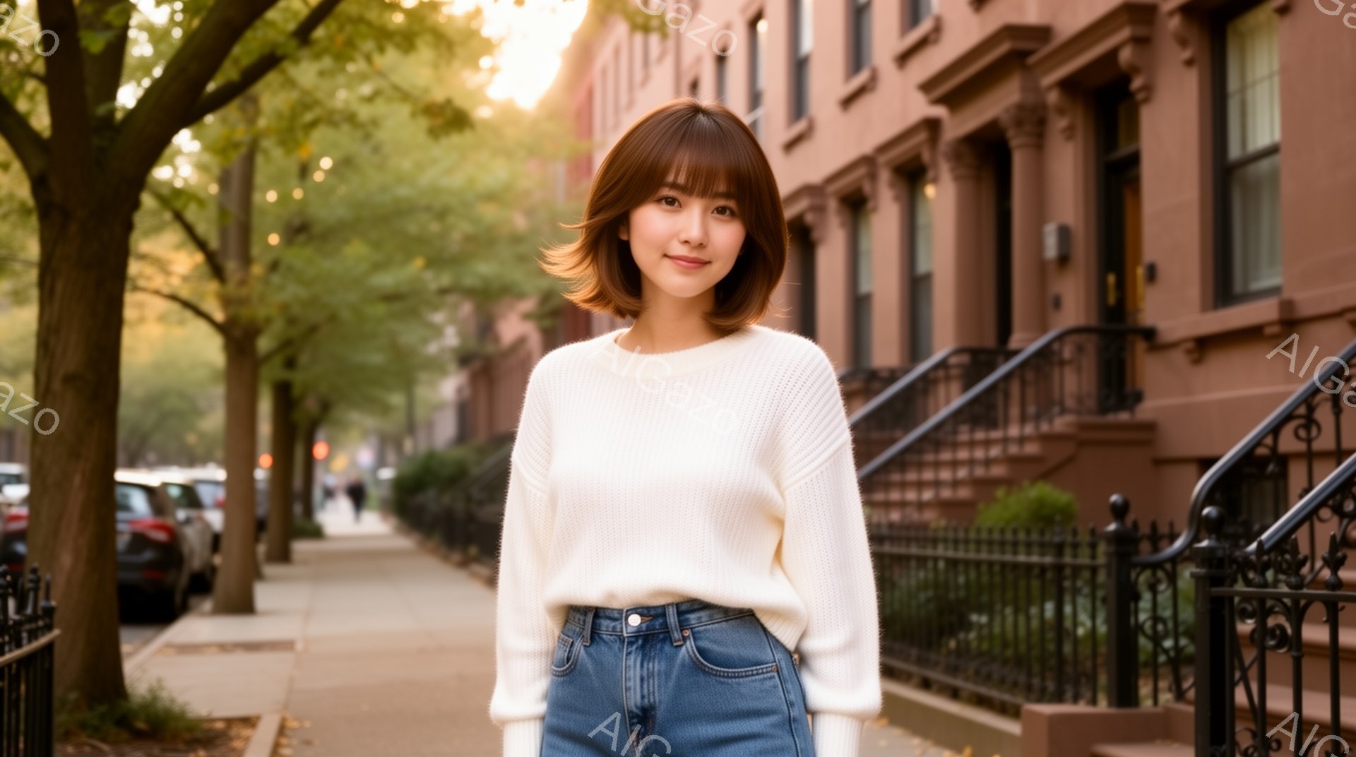 彼女は白いセーターとデニムのジーンズを着用し、ストレートで前髪のあるヘアスタイルで、穏やかな表情で正面を見つめています。彼女は歩道に立っており、背景にはレンガ造りの建物が並び、木々が並んでいます。全体的に、穏やかでリラックスした雰囲気の、日中の街並みの写真です。