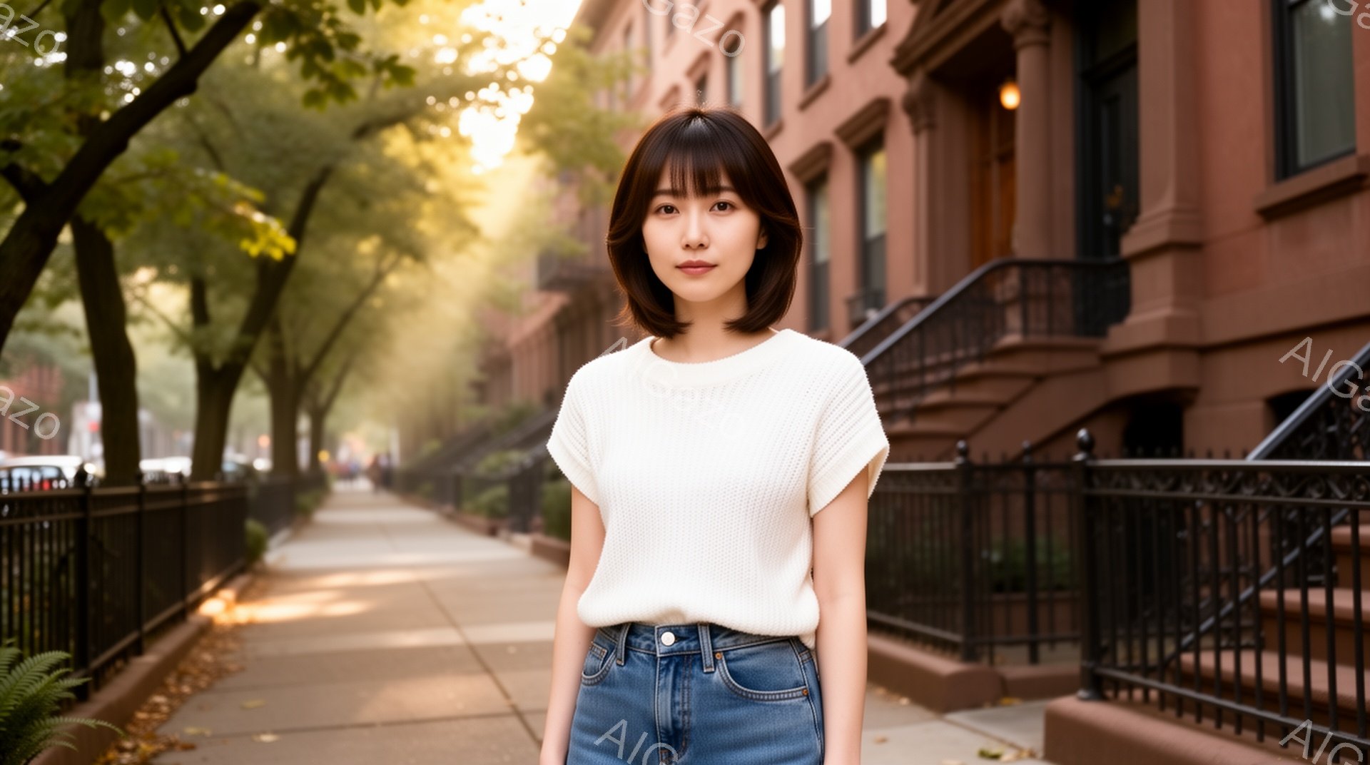 若い女性が歩道に立っており、白いニットセーターとデニムのジーンズを着用しています。彼女は黒髪のショートボブヘアで、穏やかな表情をしています。背景にはレンガ造りの建物が並び、木々の緑と日光が差し込んで、穏やかで都会的な雰囲気を醸し出しています。