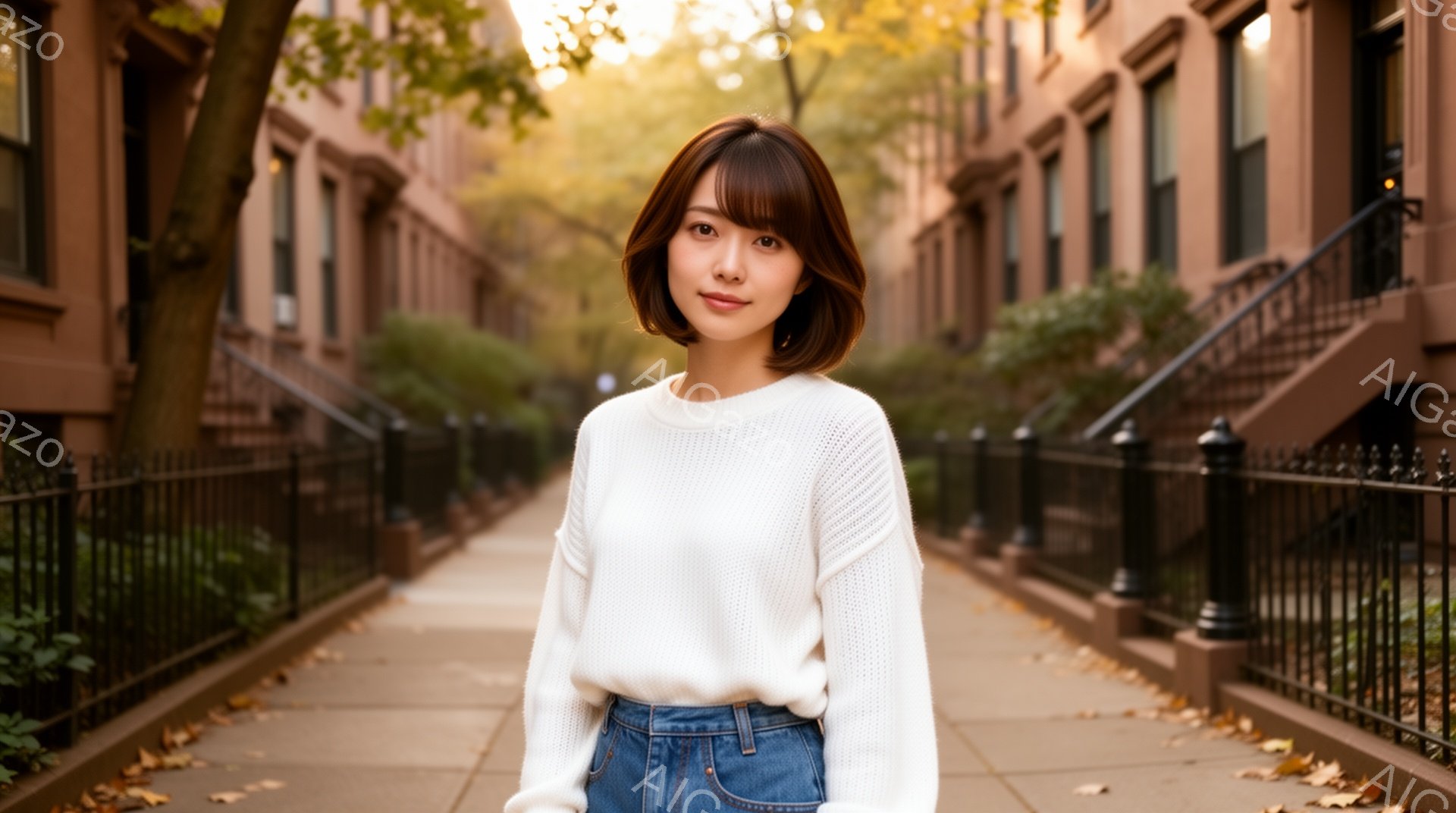 若い女性が、灰色のレンガ造りの建物が並ぶ通りで正面を向いて立っている。オフホワイトのざっくりとしたセーターと、少し色の褪せたデニムのパンツを着用し、茶色のゆるやかなウェーブヘアは肩のあたりでカットされている。背景には、落ち葉が散らばる歩道と、秋らしい日差しが差し込む穏やかな雰囲気の街並みが広がっている。