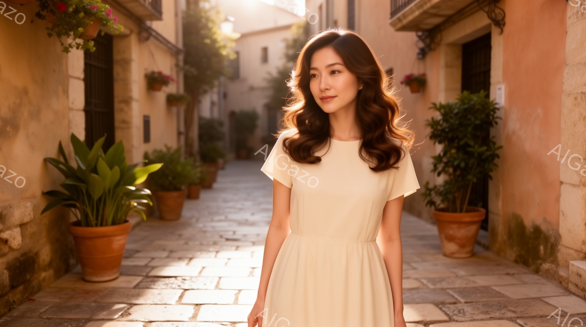 この女性は、クリーム色のシンプルなワンピースを着て、軽くウェーブのかかったロングヘアを下ろしている。彼女は石畳の路地に立ち、穏やかな笑顔を浮かべて正面を見つめている。背景には、テラコッタ色の植木鉢が並び、壁の色と石畳の道が、暖かく、明るい雰囲気を作り出している。