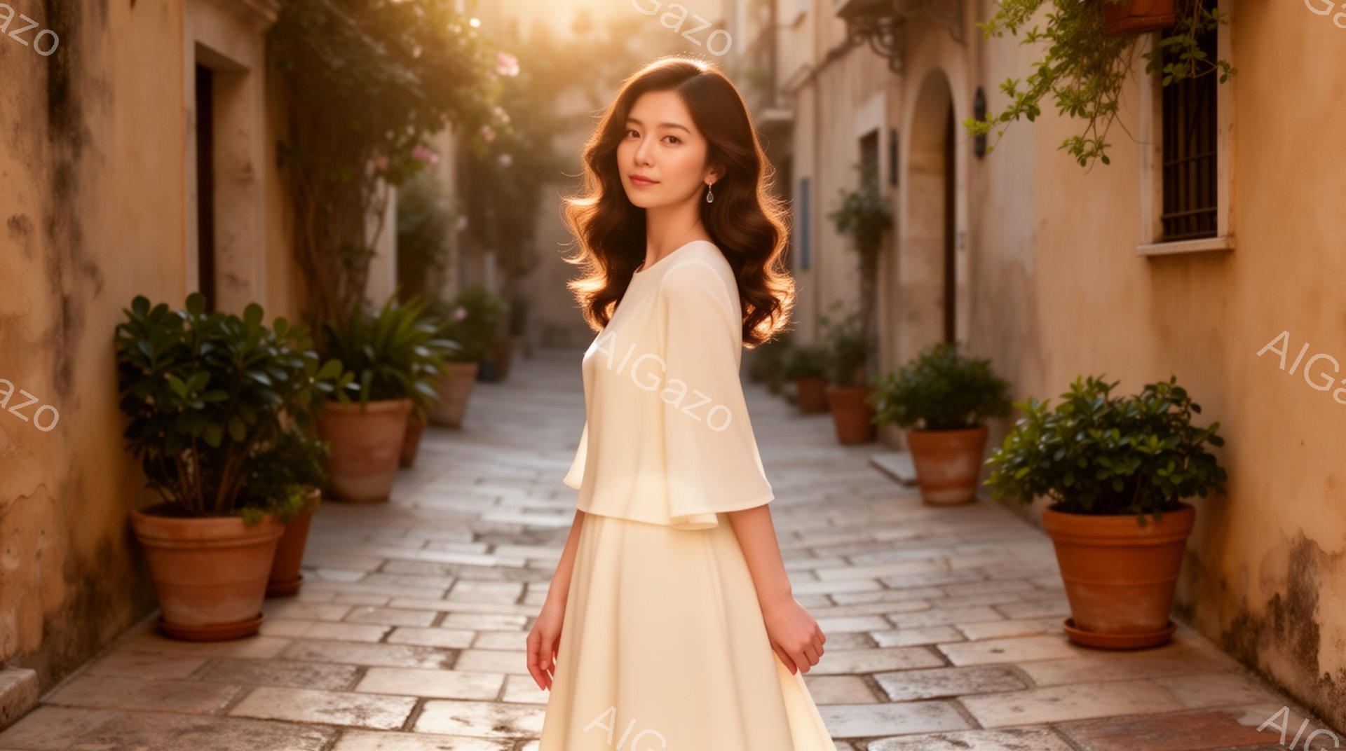 金色のワンピースを着た女性が、石畳の路地を歩いている様子が写っている。彼女は肩を少し落とした姿勢で、優しい笑顔を浮かべており、髪は肩までの長さでふんわりとカールしている。背景は薄暗いクリーム色の建物と、道端に並んだテラコッタの植木鉢で、全体的に柔らかく温かい雰囲気を醸し出している。
