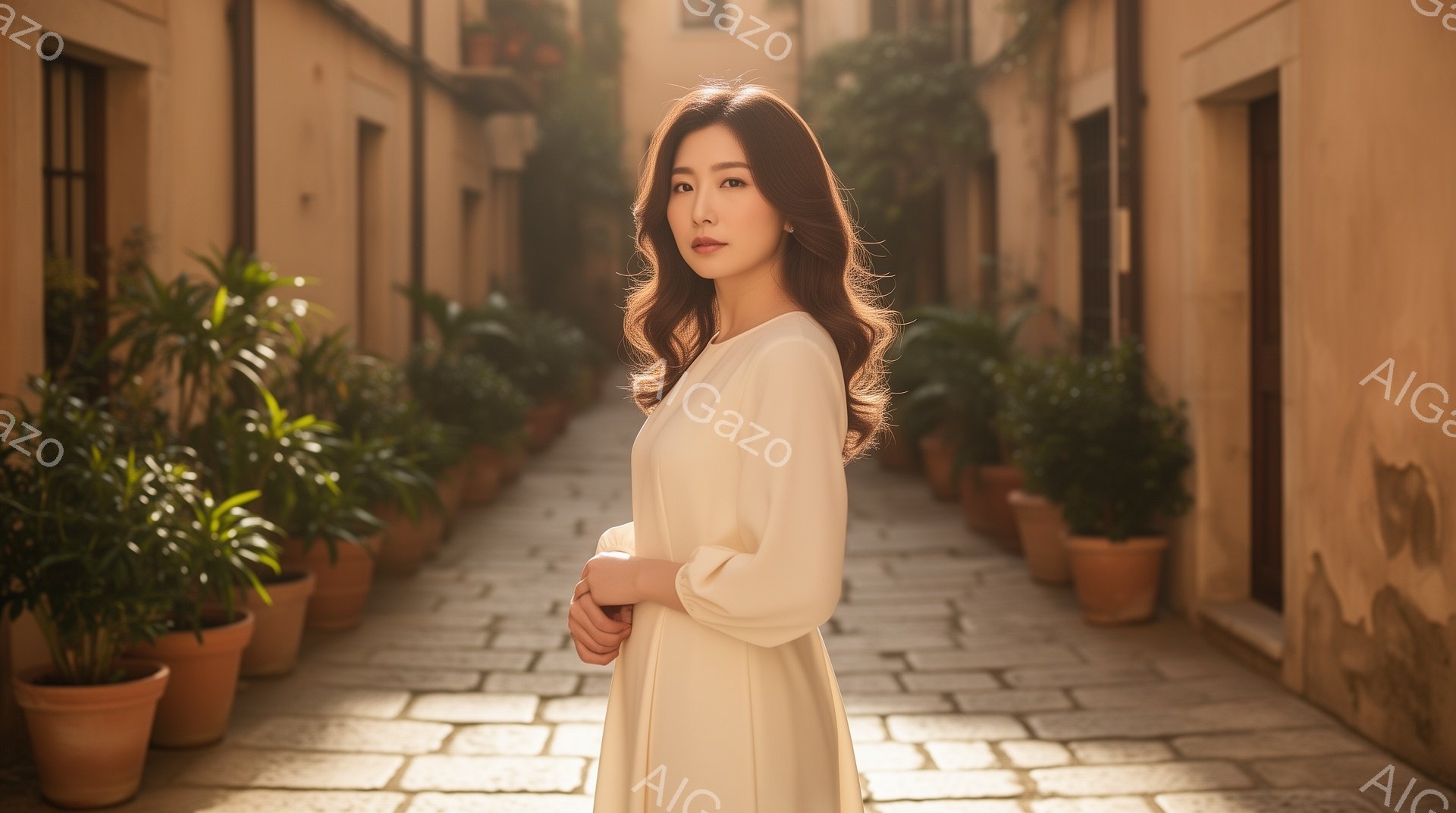 明るいベージュ色のワンピースを着た女性が、石畳の路地に立っている。彼女は軽く微笑み、両手を前に組んでおり、髪は肩まで伸びたブラウンで、少しウェーブがかかっている。背景には、テラコッタの鉢に入った植物が - AI生成フリー素材