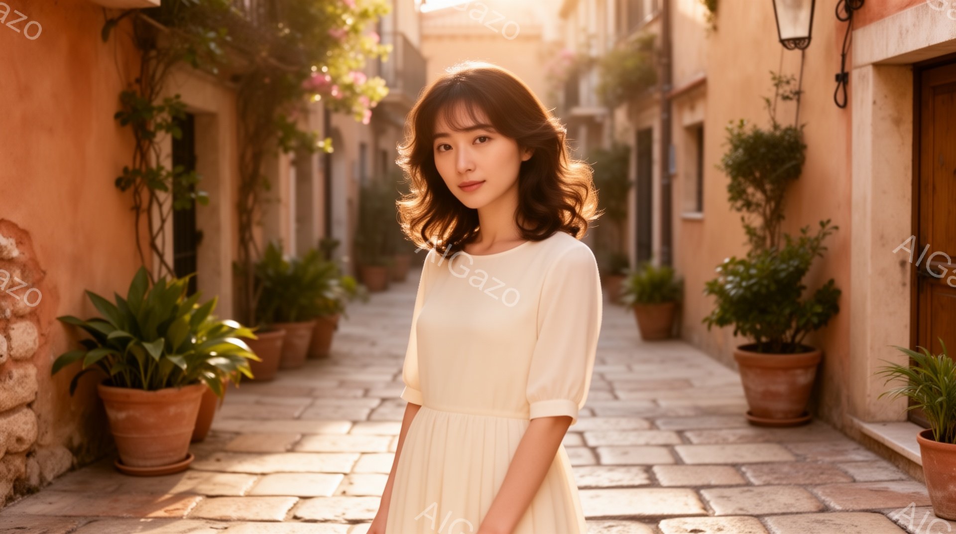 浅いベージュ色のワンピースを着た女性が、石畳の路地に立っている。彼女は肩まで伸びた少しウェーブのかかった髪を持ち、穏やかな微笑みを浮かべている。背景には、クリーム色の建物が並び、プランターで育てられた緑豊かな植物が点在し、明るい日差しが暖かく照らしている。