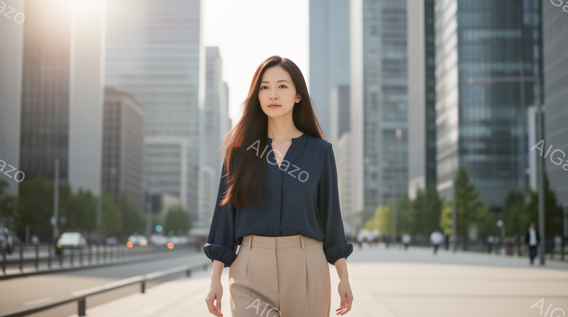 長い黒髪をセンターパートにした女性が、紺色のブラウスとベージュのパンツを着用し、正面を見据えています。彼女はリラックスした姿勢で、やや微笑みを浮かべており、周囲の景色を意識しているようです。背景には高層ビル群と並木道が広がり、晴天のもと、都会的で洗練された雰囲気が漂っています。