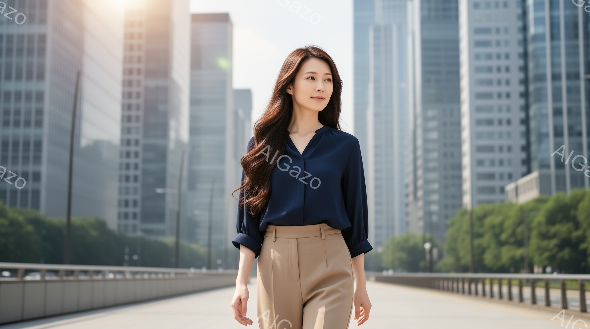 ダークブルーのブラウスとベージュのパンツを着用した女性が、コンクリートの歩道上を歩いている。彼女は長い黒髪で、少し微笑みを浮かべ、自信に満ちた表情をしている。背景には高層ビル群が立ち並び、晴れた空と緑 - AI生成フリー素材