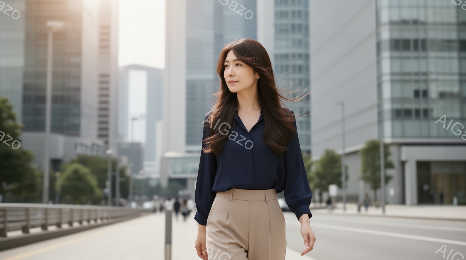 紺色のブラウスとベージュのパンツを身につけた女性が、歩道の上を歩いている。彼女は長い髪をなびかせ、少し上を見つめている表情は自信に満ちている。背景には近代的な高層ビルが立ち並び、晴れた空の下、都会的で - AI生成フリー素材