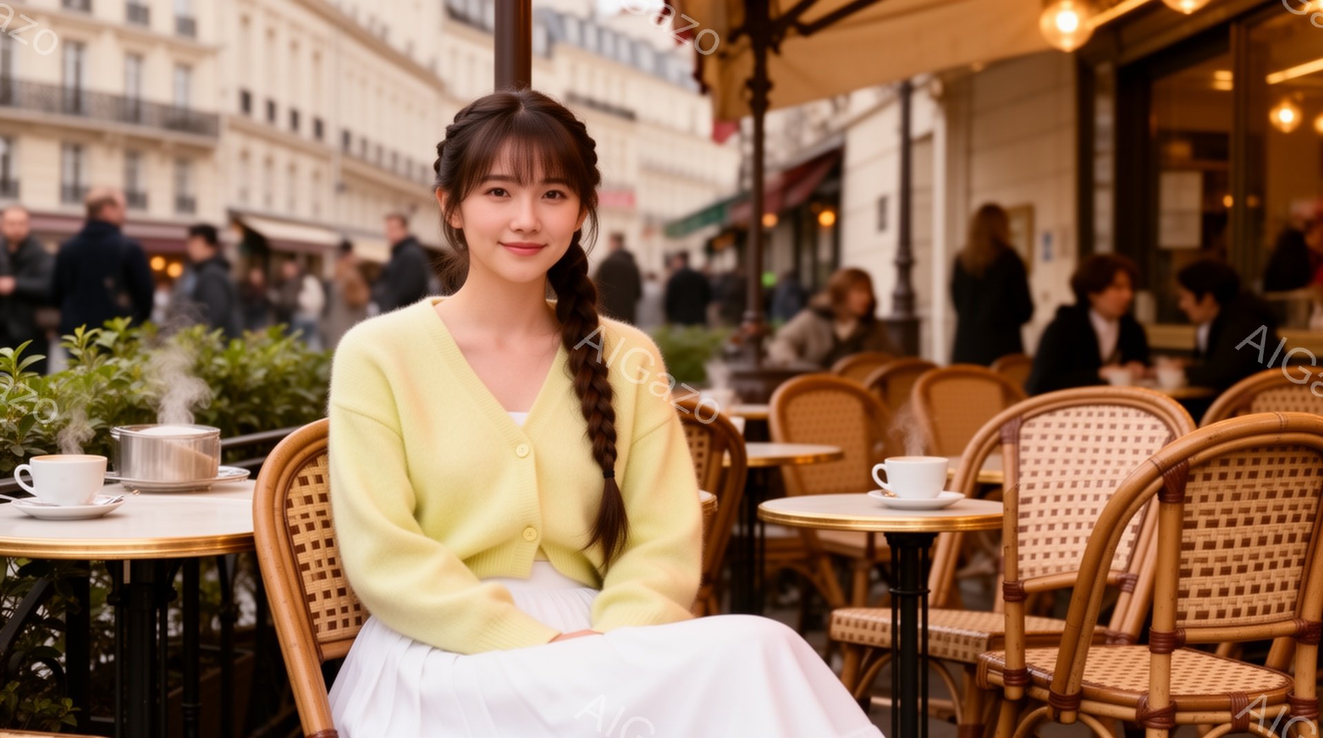 若い女性が屋外カフェに座っており、薄黄色のカーディガンと白いスカートを身につけています。彼女は三つ編みの髪型で、穏やかな笑顔を浮かべています。背景にはパリの街並みが見え、カフェのテーブルにはカップとティーポットが置かれ、穏やかで明るい雰囲気が漂っています。