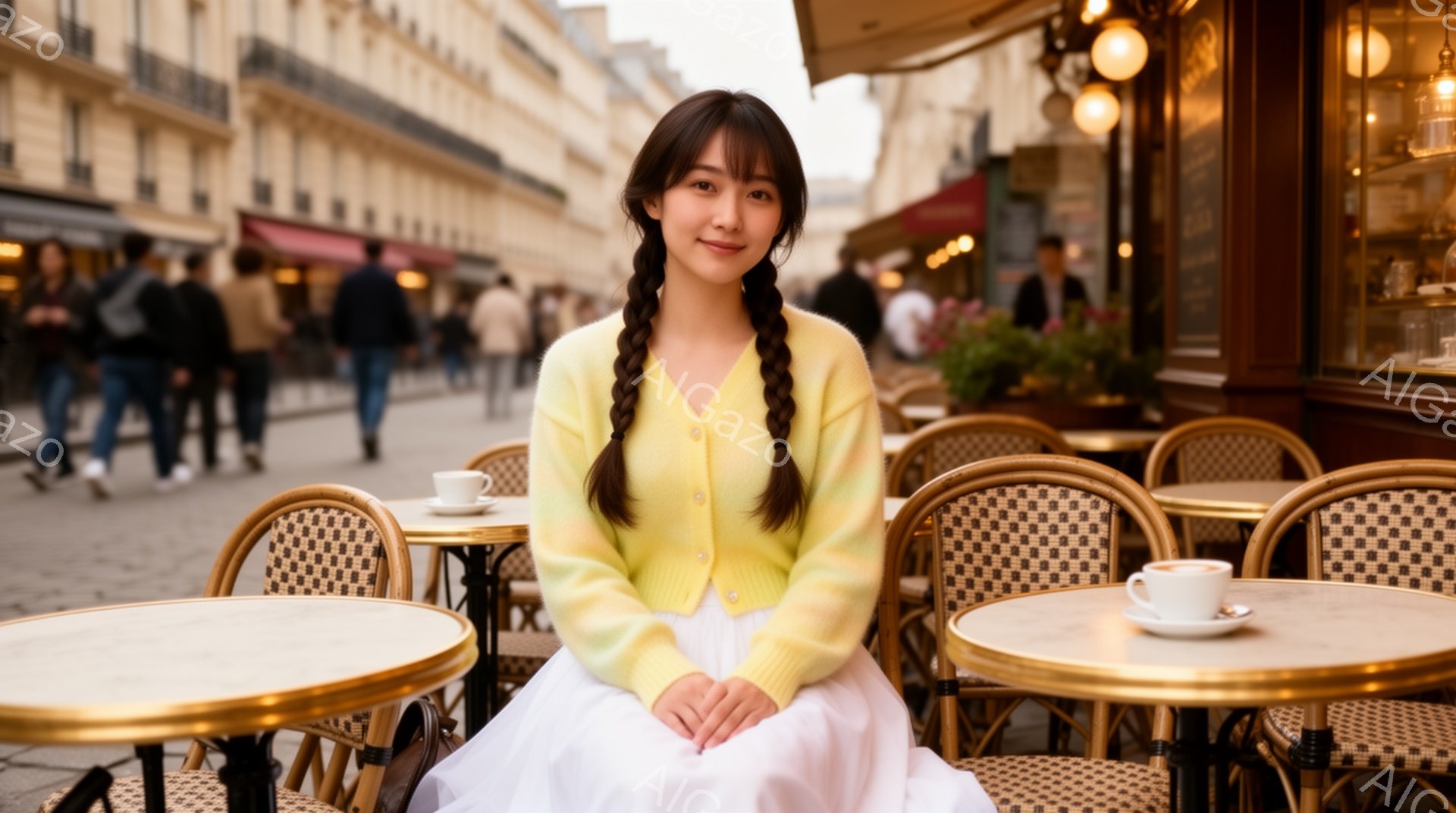 若い女性がパリのカフェのテラス席に座っており、明るい黄色のカーディガンと白いスカートを着用しています。彼女は髪を二つに分けて編み込み、穏やかな笑顔を浮かべています。背景には石畳の道とカフェの建物があり、全体的に暖かく、のどかな雰囲気が漂っています。