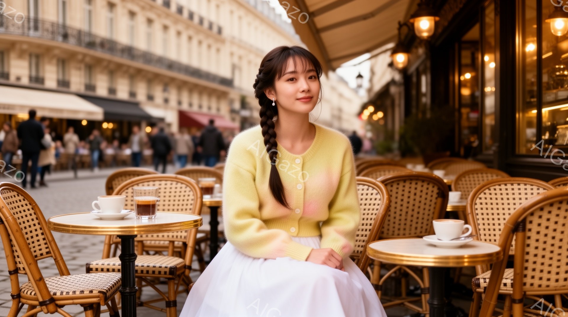 若い女性がカフェの椅子に座っており、パステルイエローとピンクのブロックカラーのカーディガンと白いスカートを身に着けています。彼女は三つ編みの髪をしており、穏やかな表情でカメラを見ています。背景にはパリのカフェが並び、人々が歩き、天候は晴れで、カフェの雰囲気が穏やかで心地よく感じられます。