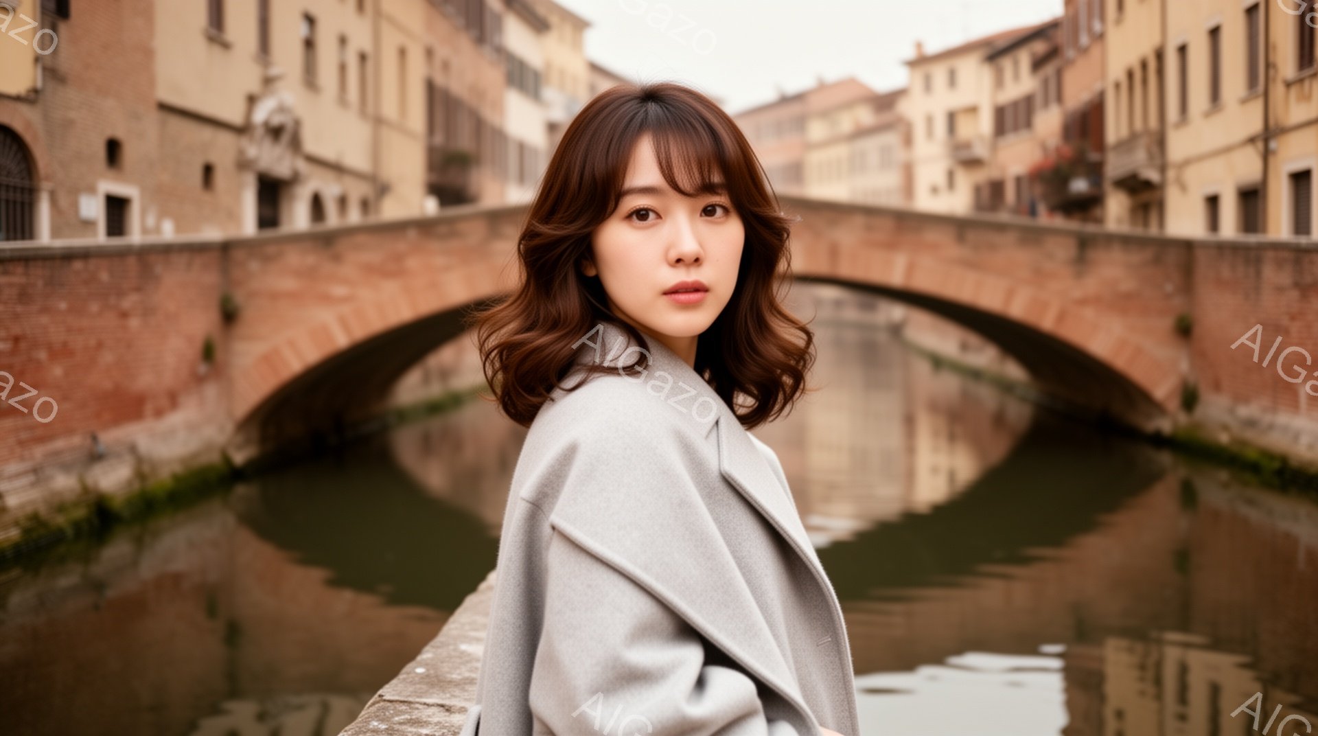 画像には、茶色の髪を肩まで伸ばした若い女性が写っている。彼女はグレーのコートを着ており、少し微笑んだ表情でこちらを見ている。背景には、運河と古風な建物が並び、穏やかでノスタルジックな雰囲気を醸し出している。