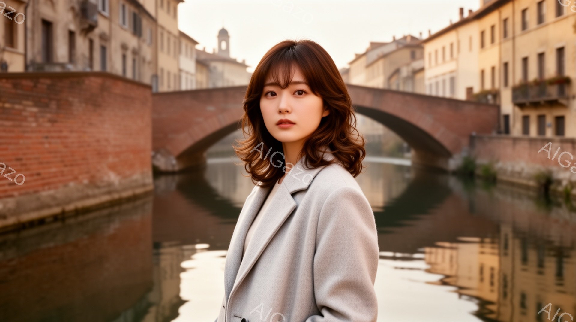 長いダークブラウンの髪を肩にかける女性が、グレーのコートを着て正面を向いています。彼女はわずかに微笑んでおり、落ち着いた表情です。背景には、水路に架かるアーチ型の橋と、古いレンガ造りの建物が並び、穏やかで歴史的な雰囲気が漂っています。