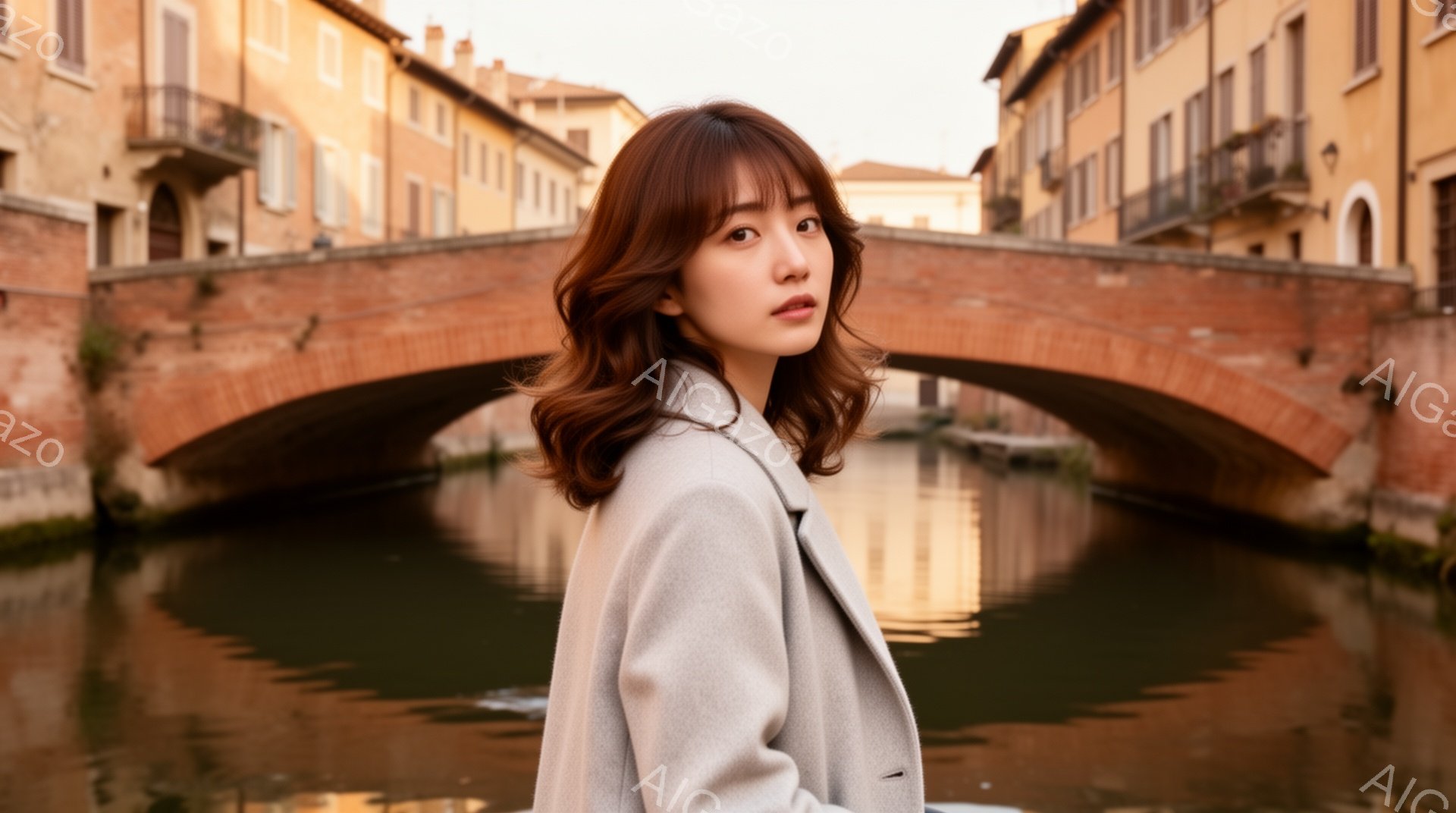 茶髪の女性が、薄い灰色のコートを着て、少し横を向いています。彼女は微笑んでおり、リラックスした表情です。背景には、アーチ型の橋と水路、そしてレンガ造りの建物が並び、穏やかで静かな雰囲気を醸し出しています。