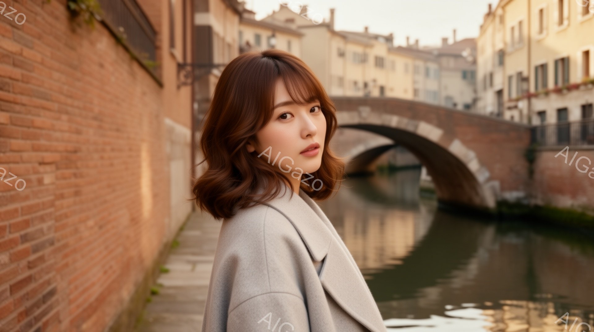 茶色の髪を肩まで伸ばした女性が、グレーのコートを着て立っている。彼女は少し振り返り、穏やかな表情でカメラを見つめている。背景には、運河とアーチ型の橋、そして古い建物が並び、夕暮れ時の静かで穏やかな雰囲気が漂っている。