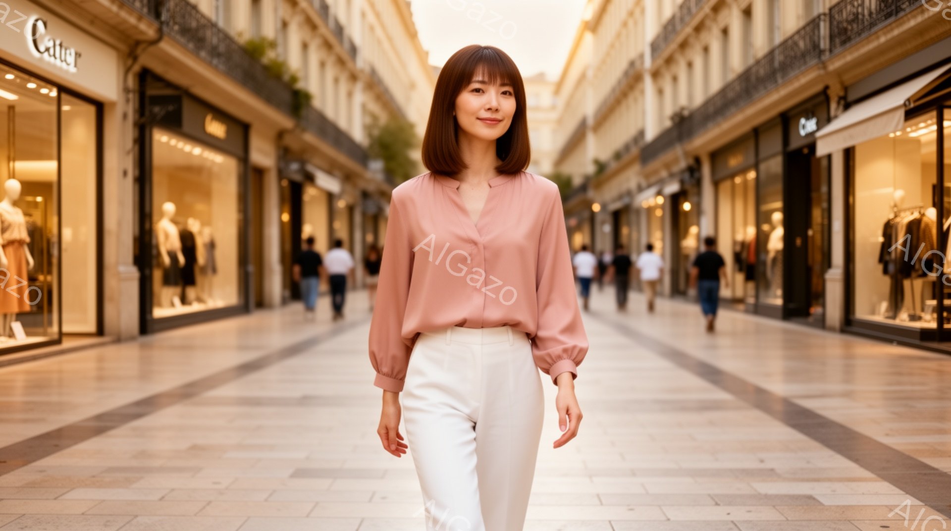 明るいピンク色のブラウスに白いパンツを着用した女性が、石畳の通りを堂々と歩いています。彼女は肩までの長さの茶髪で、穏やかな笑顔を浮かべています。背景には両側にショップが並び、遠くには多くの歩行者がおり、晴れた日の賑やかな街並みが広がっています。