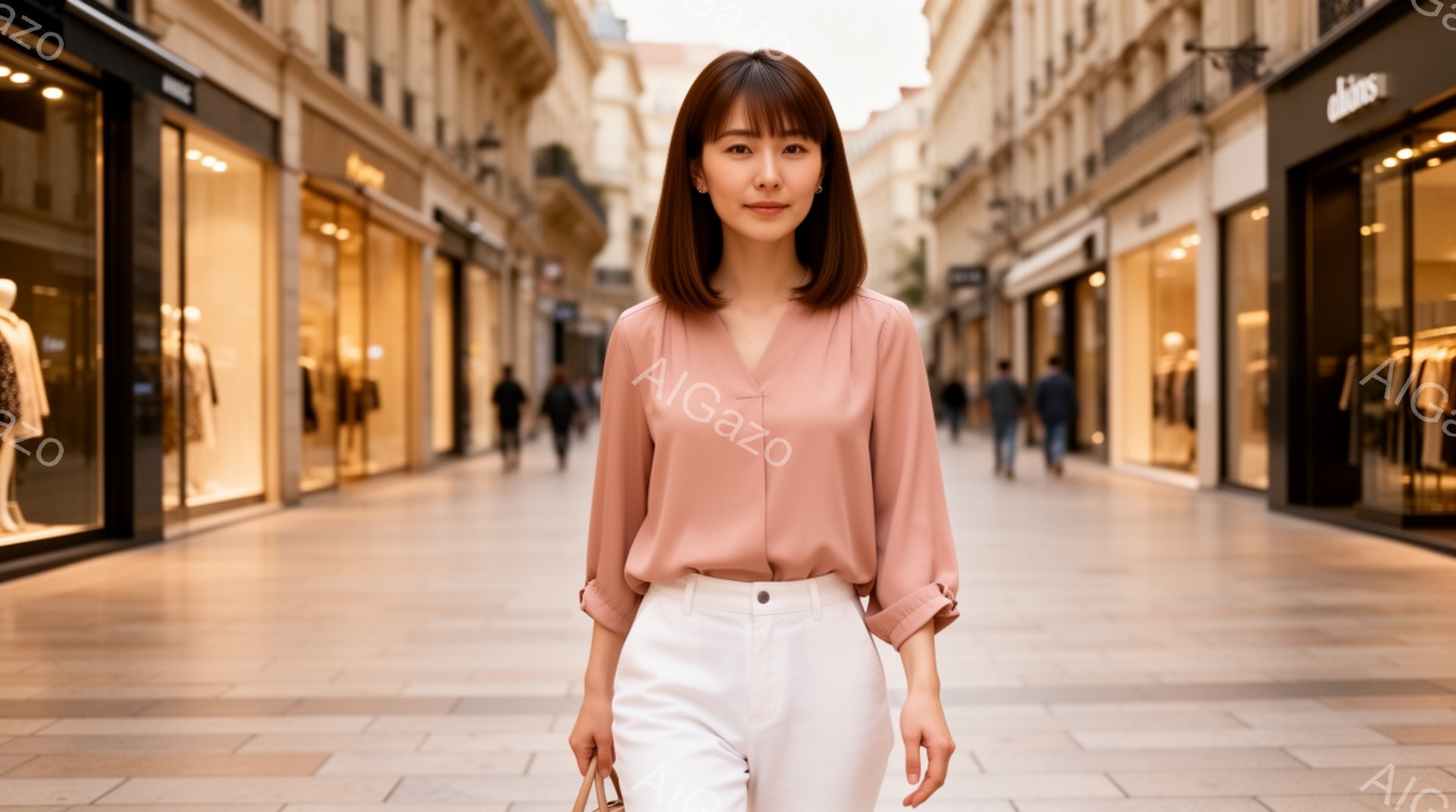 柔らかいピンク色のブラウスと白いパンツを身につけた女性が、石畳の通りを正面から見つめて立っている。彼女は肩までの長さの茶髪で、穏やかな微笑みを浮かべている。背景には両側に店舗が並び、石造りの建物が続き、晴れた日の落ち着いた雰囲気が漂っている。