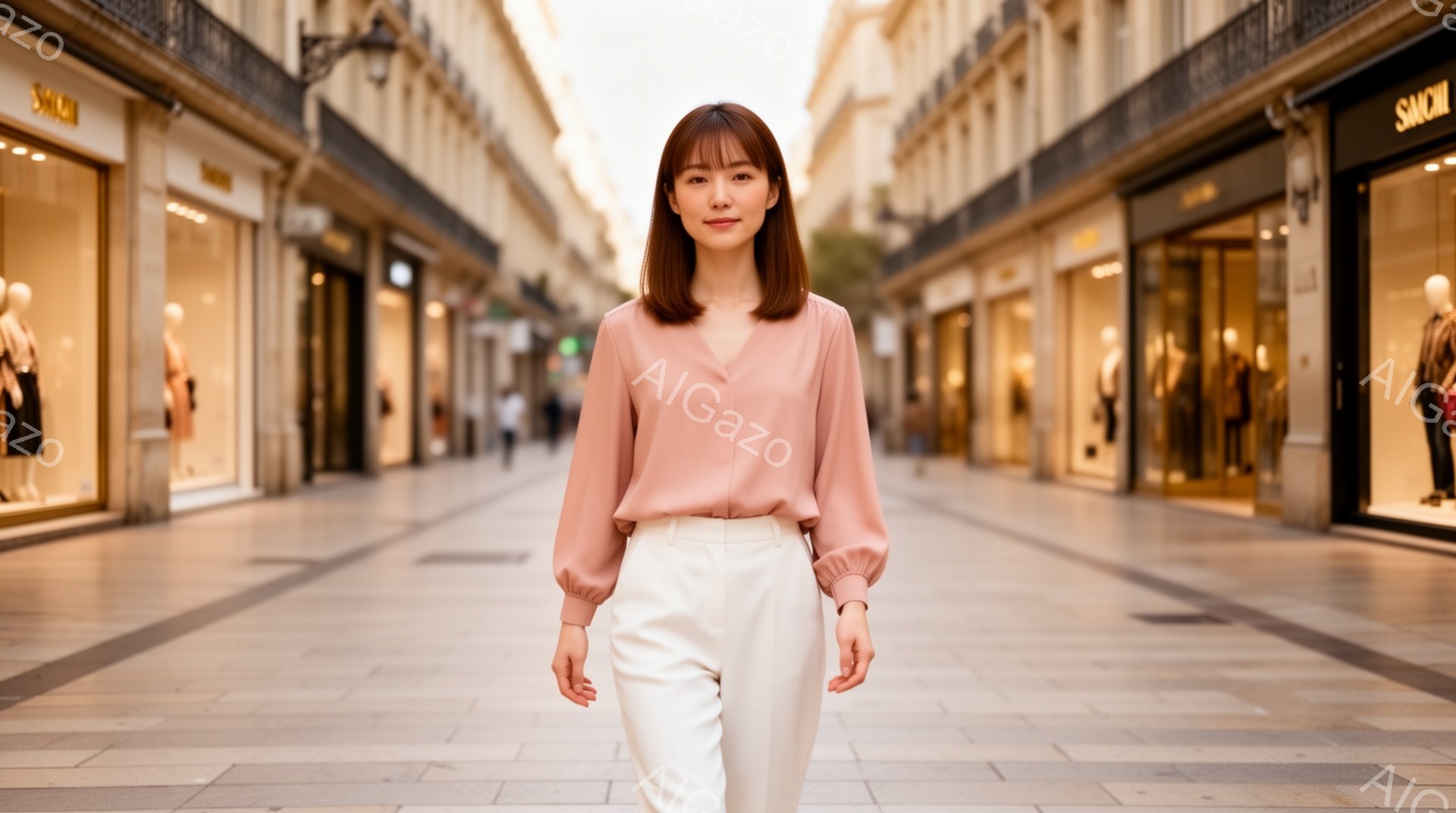 画像には、ピンク色のブラウスと白のパンツを身に着けた若い女性が写っています。彼女は正面をまっすぐ見つめ、やや微笑みを浮かべており、落ち着いた雰囲気を醸し出しています。背景は石畳の道に囲まれたアーケード街で、左右に高級ブランドの店舗が並び、晴天の下、洗練された街並みが広がっています。