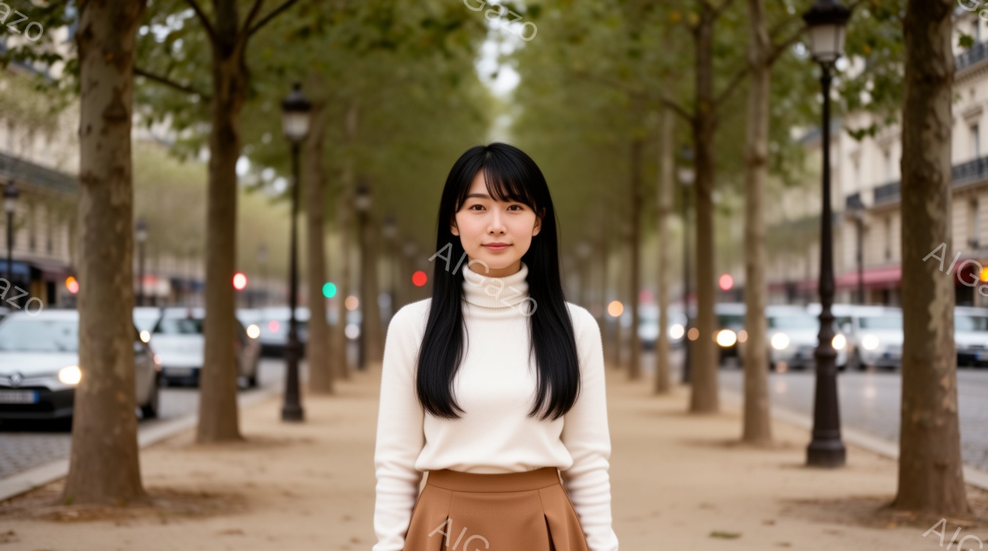 長い黒髪をなびかせた女性が、ベージュのセーターとブラウンのスカートを身につけて立っている。彼女はカメラに向かって穏やかな表情で微笑んでいるように見える。背景には、並木道が続き、車や建物がぼやけて見えることから、都会の通りであるとわかる。