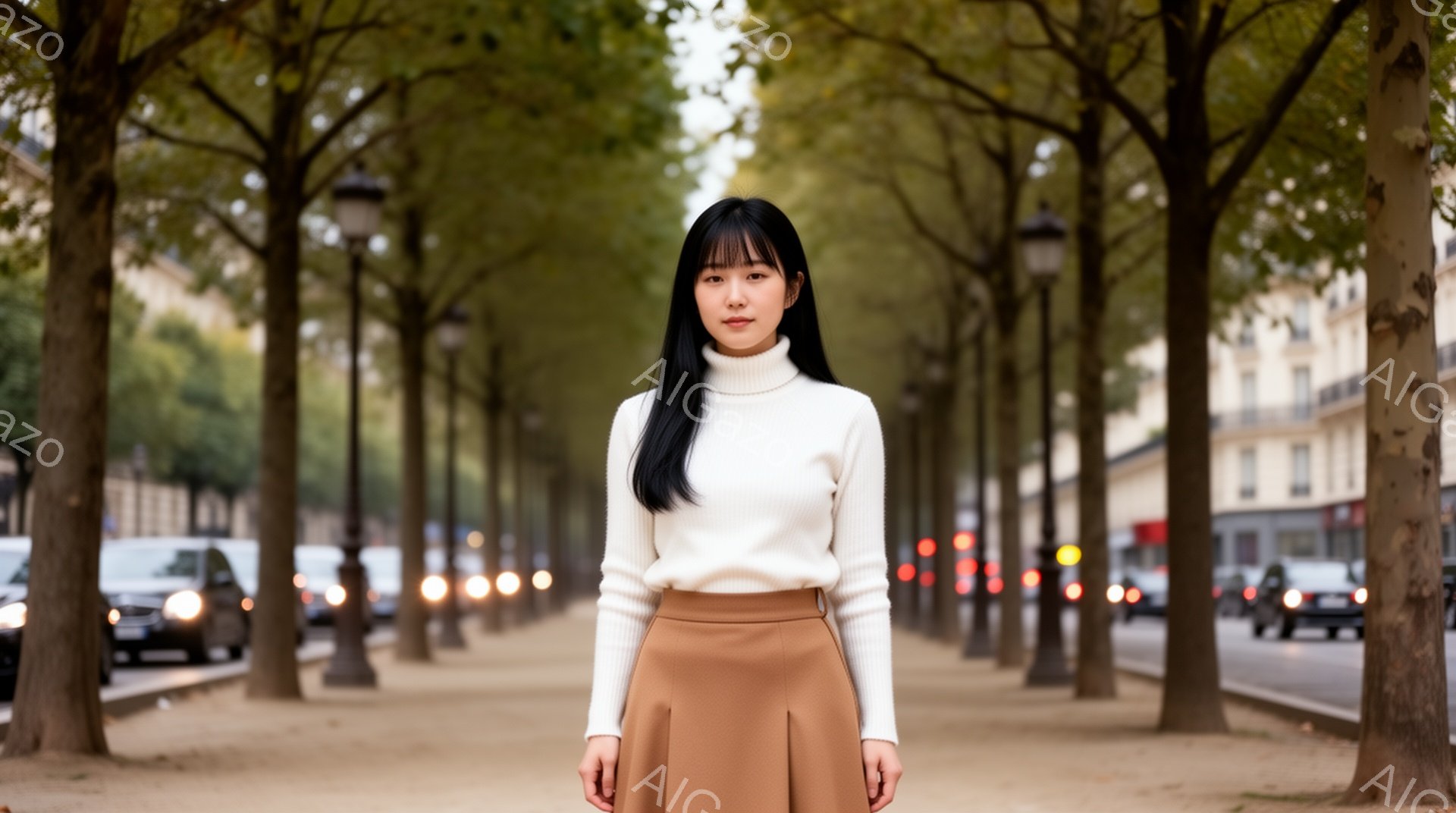 長い黒髪をストレートに伸ばした女性が、クリーム色のセーターと茶色のスカートを身につけ、正面を見つめて立っている。背景には、並木道とぼやけた車、そしてヨーロッパ風の建物が広がり、穏やかで落ち着いた雰囲気を醸し出している。全体的に、明るい日差しが差し込み、秋の穏やかな午後のような雰囲気である。