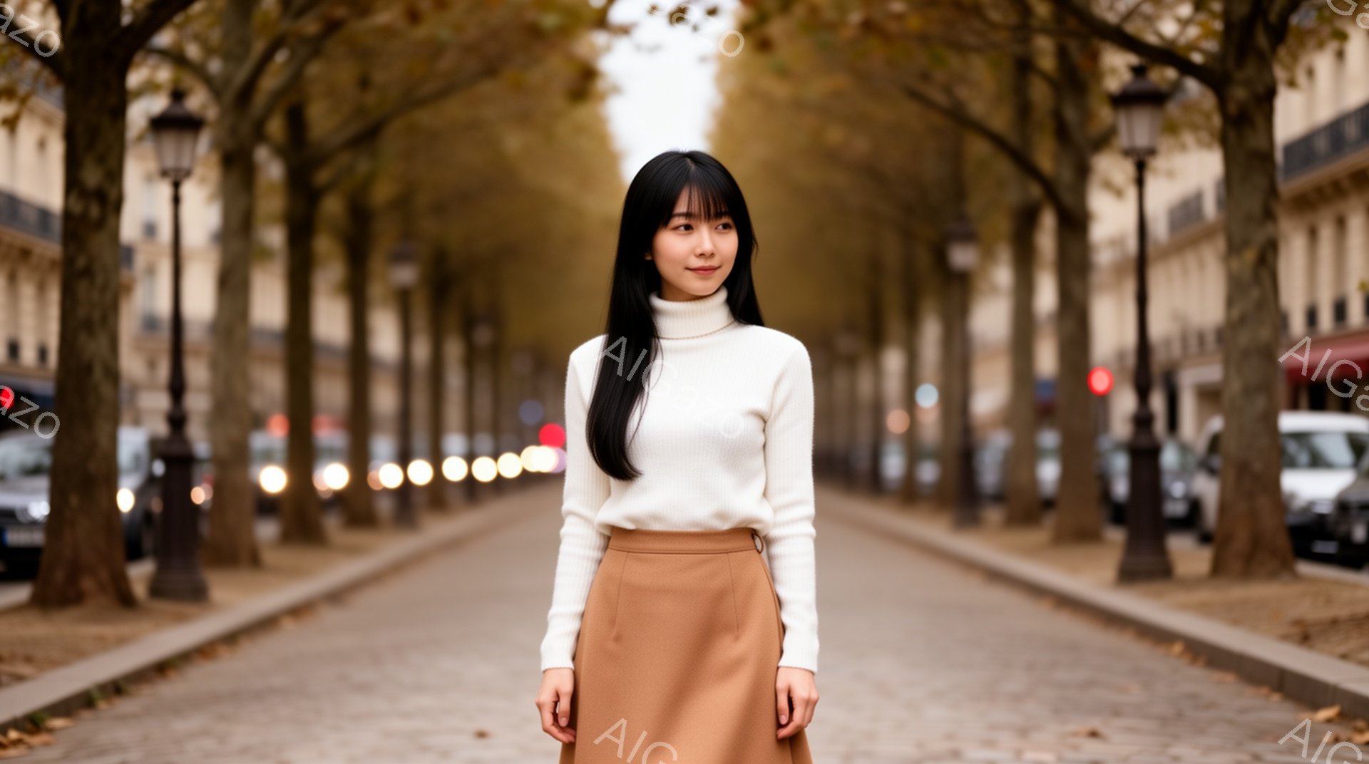 長い黒髪をなびかせた女性が、ベージュのスカートと白いセーターを着て、石畳の道に立っている。彼女はわずかに微笑んでおり、穏やかな表情をしている。背景には、両側に並ぶ木々と建物が広がり、秋の落ち着いた雰囲 - AI生成フリー素材