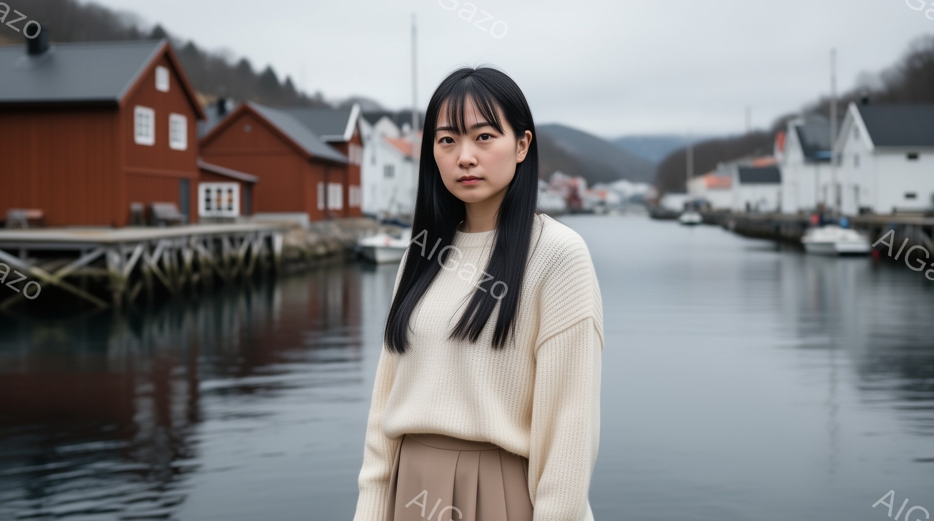 長い黒髪を肩まで伸ばした女性が、オフホワイトのざっくりとしたセーターとベージュのパンツを身に着けて正面を見つめている。彼女は落ち着いた表情で、やや無表情に見える。背景には、水面に映るカラフルな木造家屋 - AI生成フリー素材