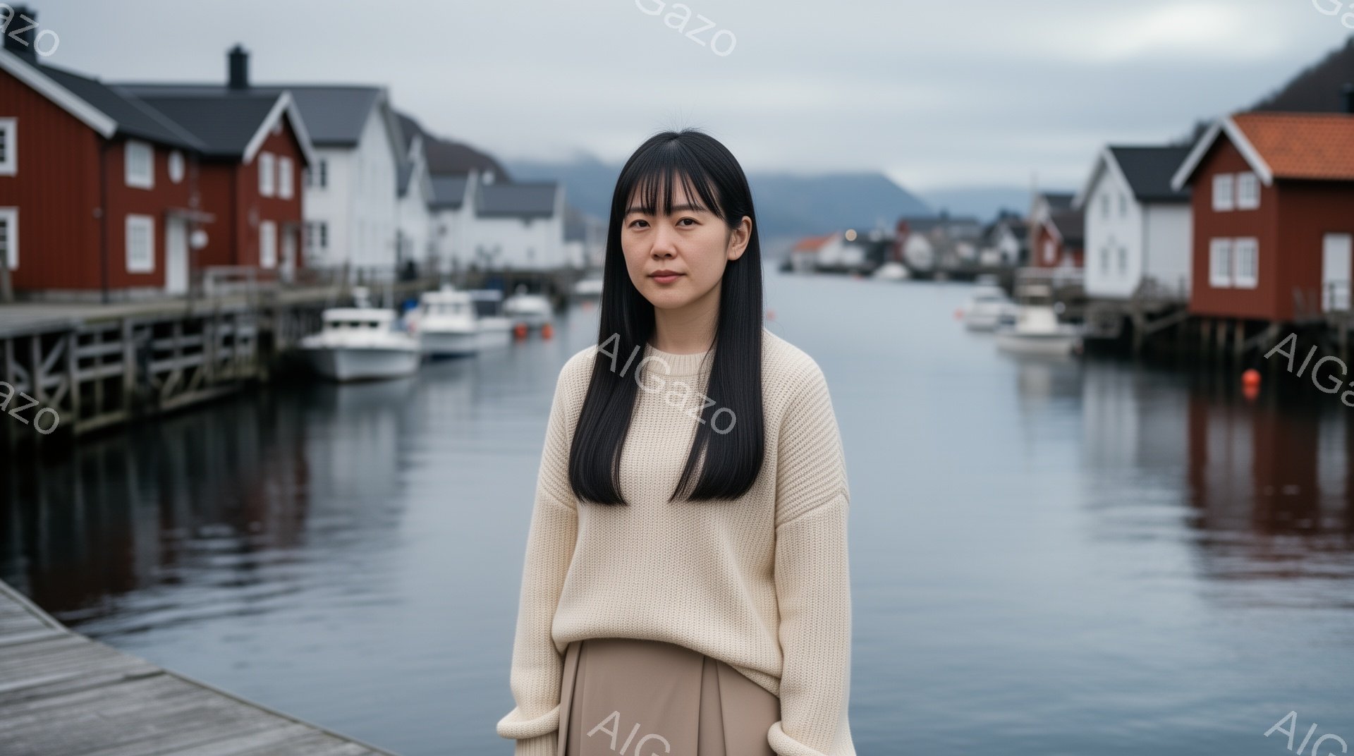 長い黒髪をストレートに伸ばした女性が、ベージュのセーターとスカートを着用して立っている。表情は穏やかで、少し微笑んでいるように見える。背景には、カラフルな木造家屋が並び、穏やかな水面が広がり、曇り空の下、静かで落ち着いた雰囲気が漂っている。