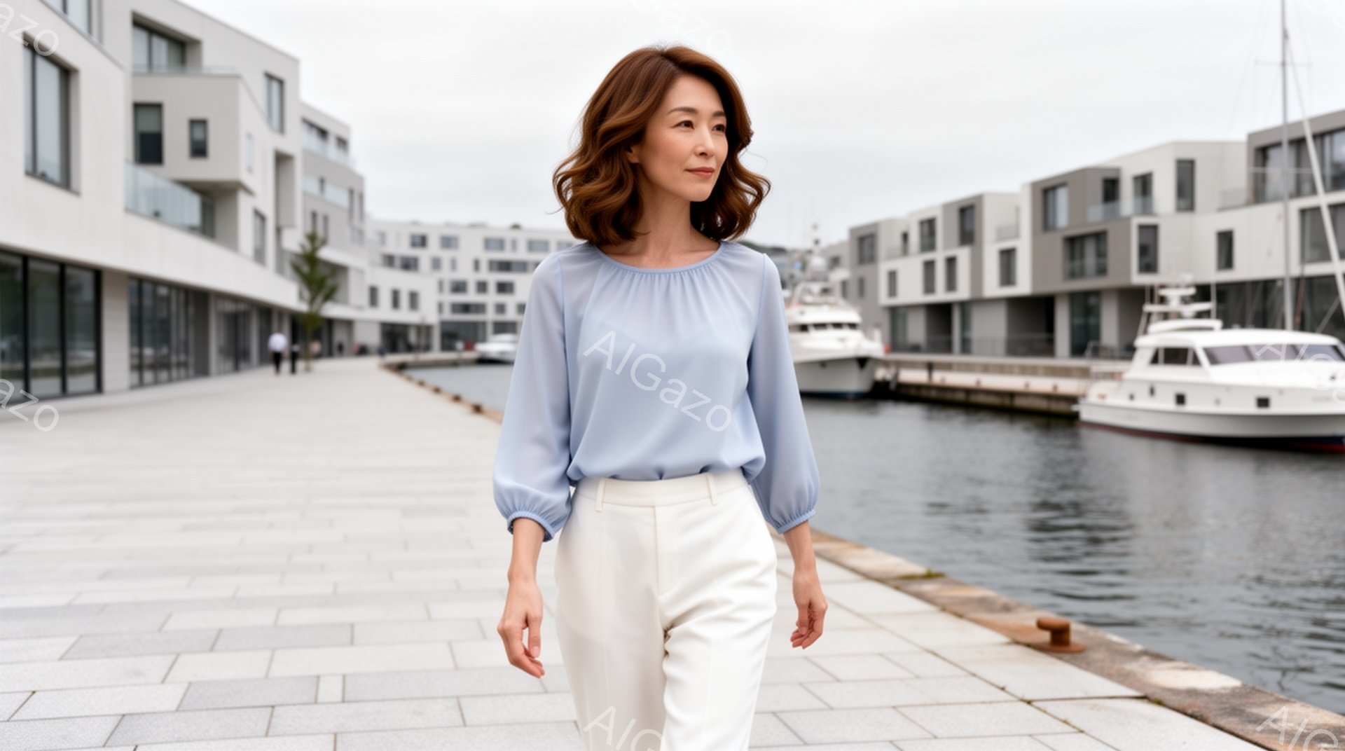 穏やかな表情の女性が、マリーナの遊歩道を歩いている。薄い水色のブラウスとオフホワイトのパンツを身につけ、ゆるやかなウェーブのかかった髪が肩にかかっている。背景には、モダンなデザインの建物が並び、水面に - AI生成フリー素材