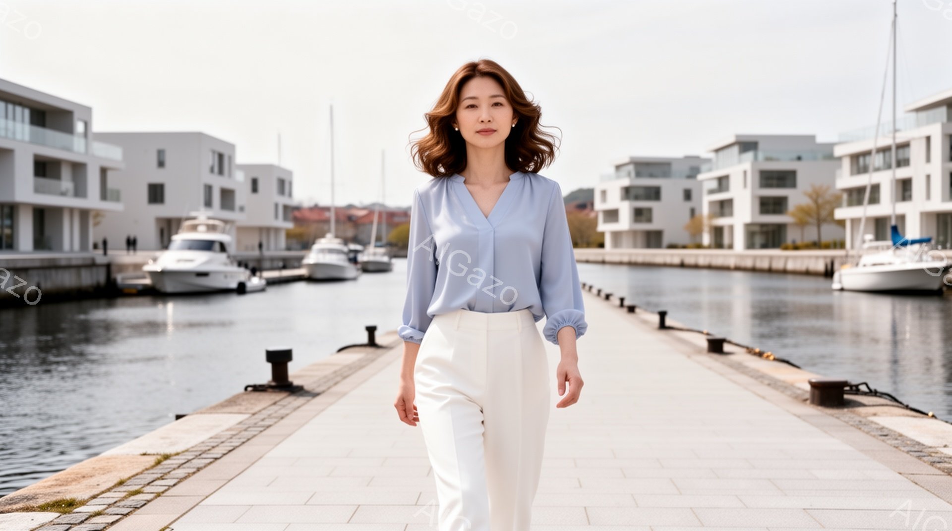 明るい青色のブラウスと白いパンツを身につけた女性が、石畳の桟橋を歩いている。彼女は髪を軽くカールさせ、穏やかな表情でこちらを見ている。背景には、モダンな建物と停泊しているボートが並び、晴れた空の下、穏やかで洗練された雰囲気を醸し出している。