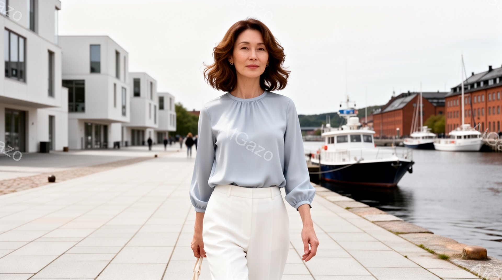 画像には、明るい青色のブラウスと白いパンツを着用した女性が写っています。彼女は少し微笑み、カメラの方を見ており、リラックスした表情をしています。背景には、モダンな白い建物と、停泊しているボートが並ぶ水辺があり、晴れた日の穏やかな雰囲気を醸し出しています。