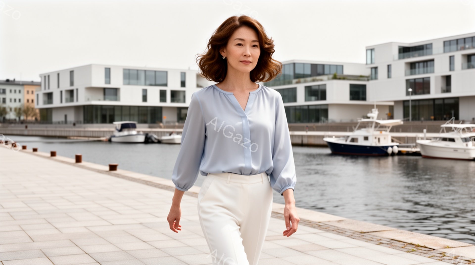明るい青色のブラウスと白いパンツを身につけた女性が、石畳の遊歩道を歩いている。彼女は軽く微笑み、リラックスした表情で、少し内側を向いた視線でこちらを見ている。背景には近代的な白い建物と、停泊中のヨット - AI生成フリー素材