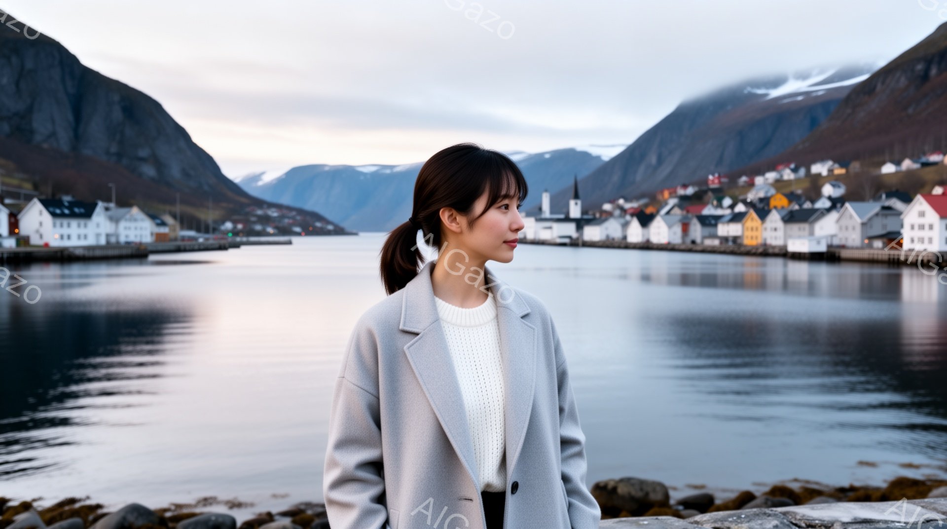 長い黒髪をポニーテールにした女性が、灰色のコートと白いセーターを着て、海を見つめています。彼女はわずかに微笑んでおり、リラックスした表情をしています。背景には、カラフルな建物が並ぶ港町と、雪をかぶった - AI生成フリー素材