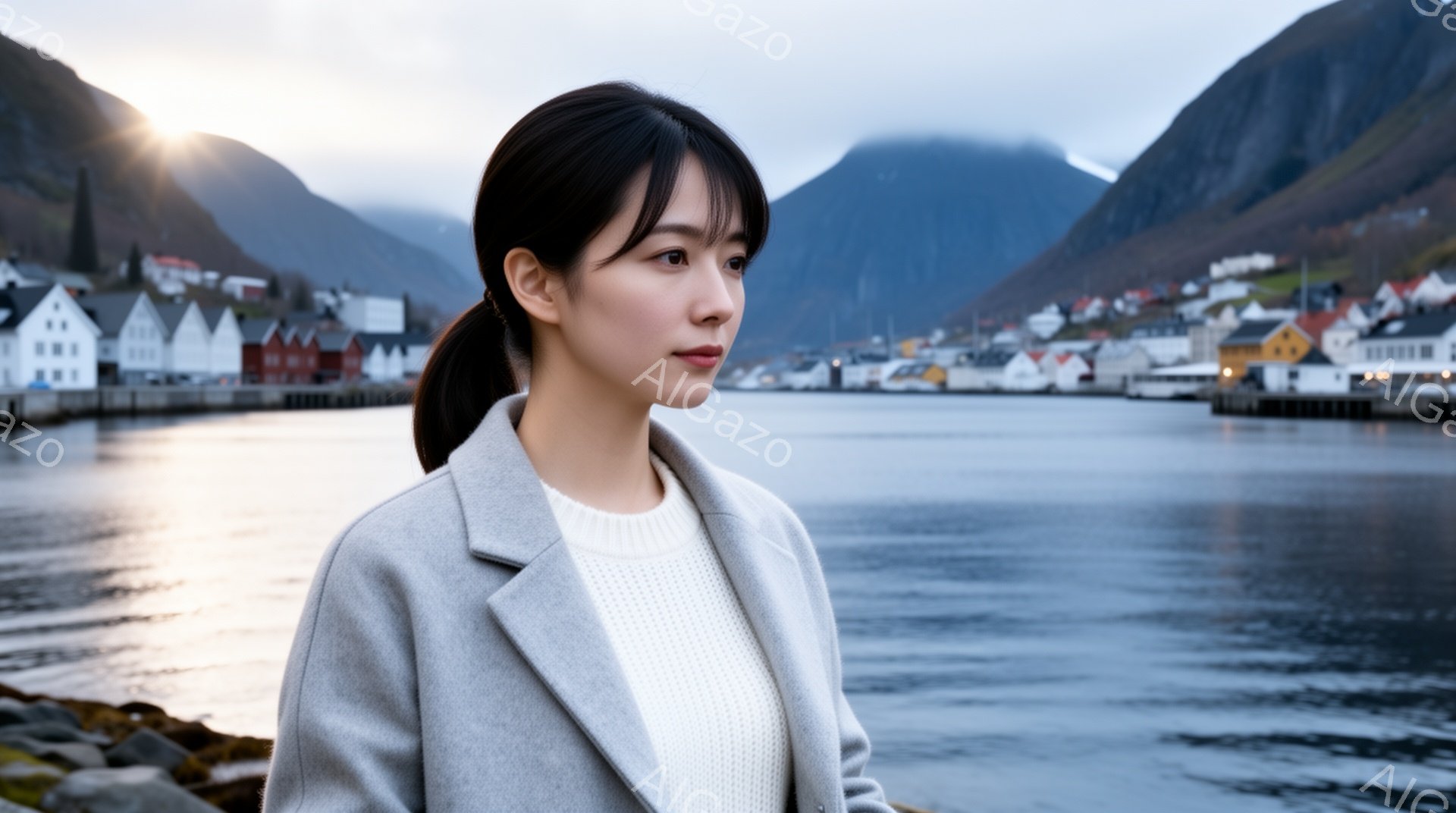 長い黒髪を後ろで一つにまとめた女性が、グレーのコートと白いセーターを着て、少し横を向いて何かを考えているように見える。背景には、色とりどりの建物が並ぶ、フィヨルドのような入り江と、霧のかかった山々が広 - AI生成フリー素材