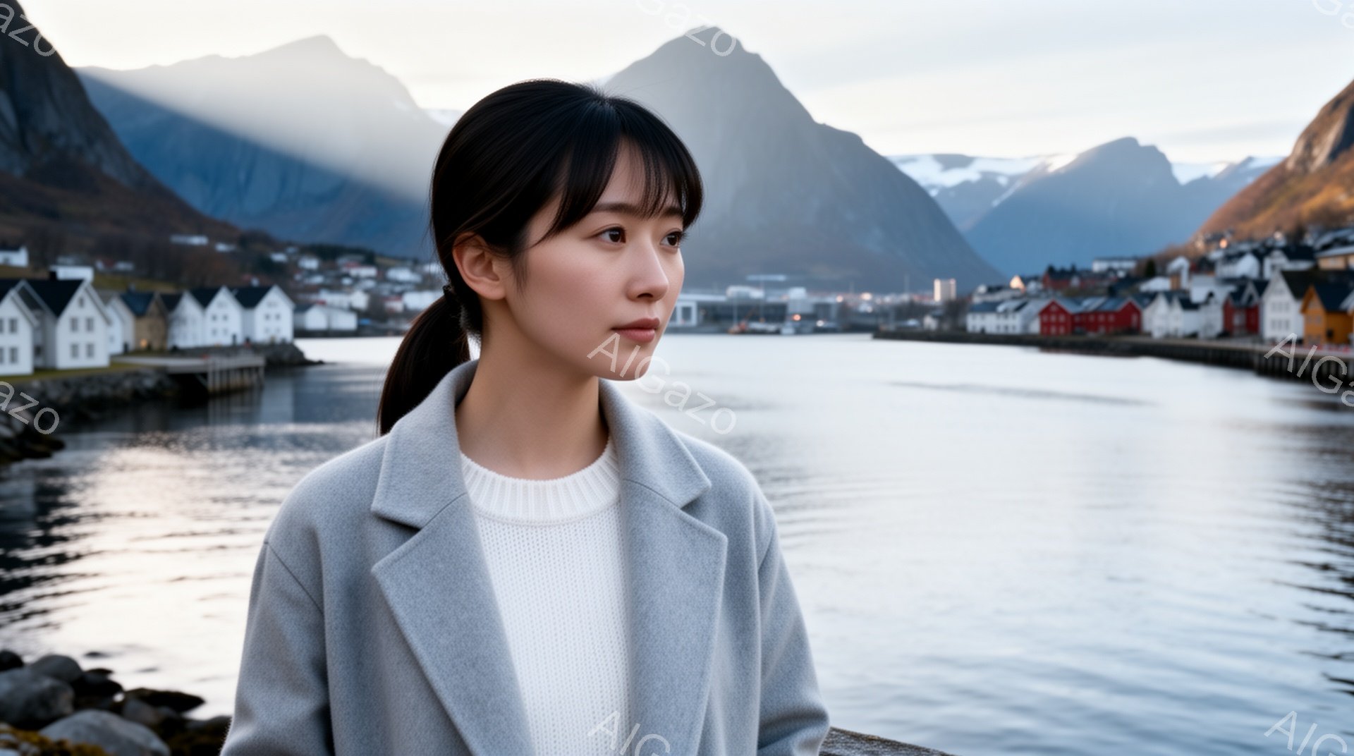 若い女性が、グレーのコートと白いセーターを着て、少し横を向いて立っている。彼女は髪を後ろで束ね、穏やかな表情で遠くを見つめている。背景には、カラフルな建物が並ぶ水辺の街と、雪を抱いた険しい山々が広がり、静かで穏やかな雰囲気を醸し出している。