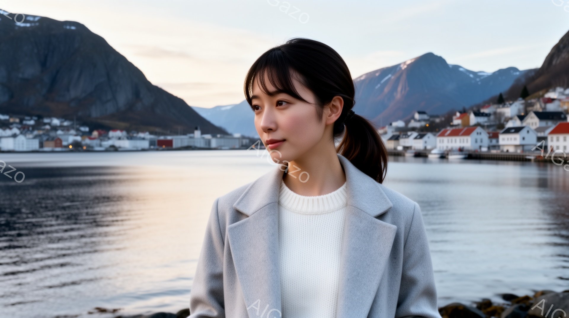 若い女性が、白いセーターとグレーのコートを着て、少し横を向いています。彼女は髪を後ろで一つにまとめ、穏やかな表情で遠くを見つめています。背景には、フィヨルドと、その両岸に並ぶカラフルな建物群、そして曇り空が広がっており、静かで落ち着いた雰囲気を醸し出しています。