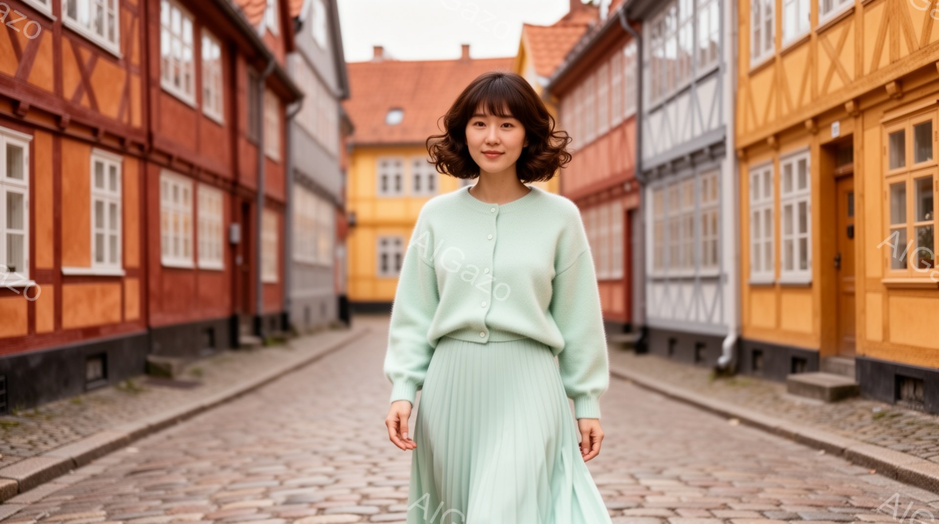 明るいパステルグリーンのカーディガンとプリーツスカートを身につけた女性が、石畳の道で正面を向いて立っている。彼女はダークブラウンのゆるいウェーブヘアで、穏やかな微笑みを浮かべている。背景には、カラフル - AI生成フリー素材