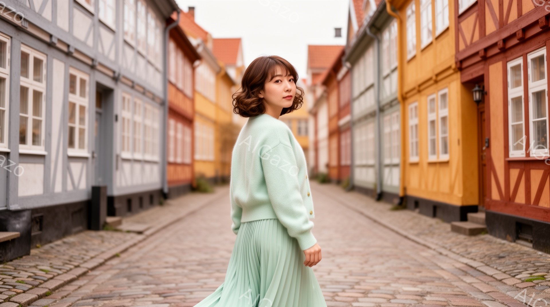 明るいパステルグリーンのセットアップを着た若い女性が、石畳の通りを振り返って立っている。彼女は肩までの長さの茶色の髪を少しカールさせ、穏やかな微笑みを浮かべている。背景にはカラフルな木造建築が並び、曇 - AI生成フリー素材