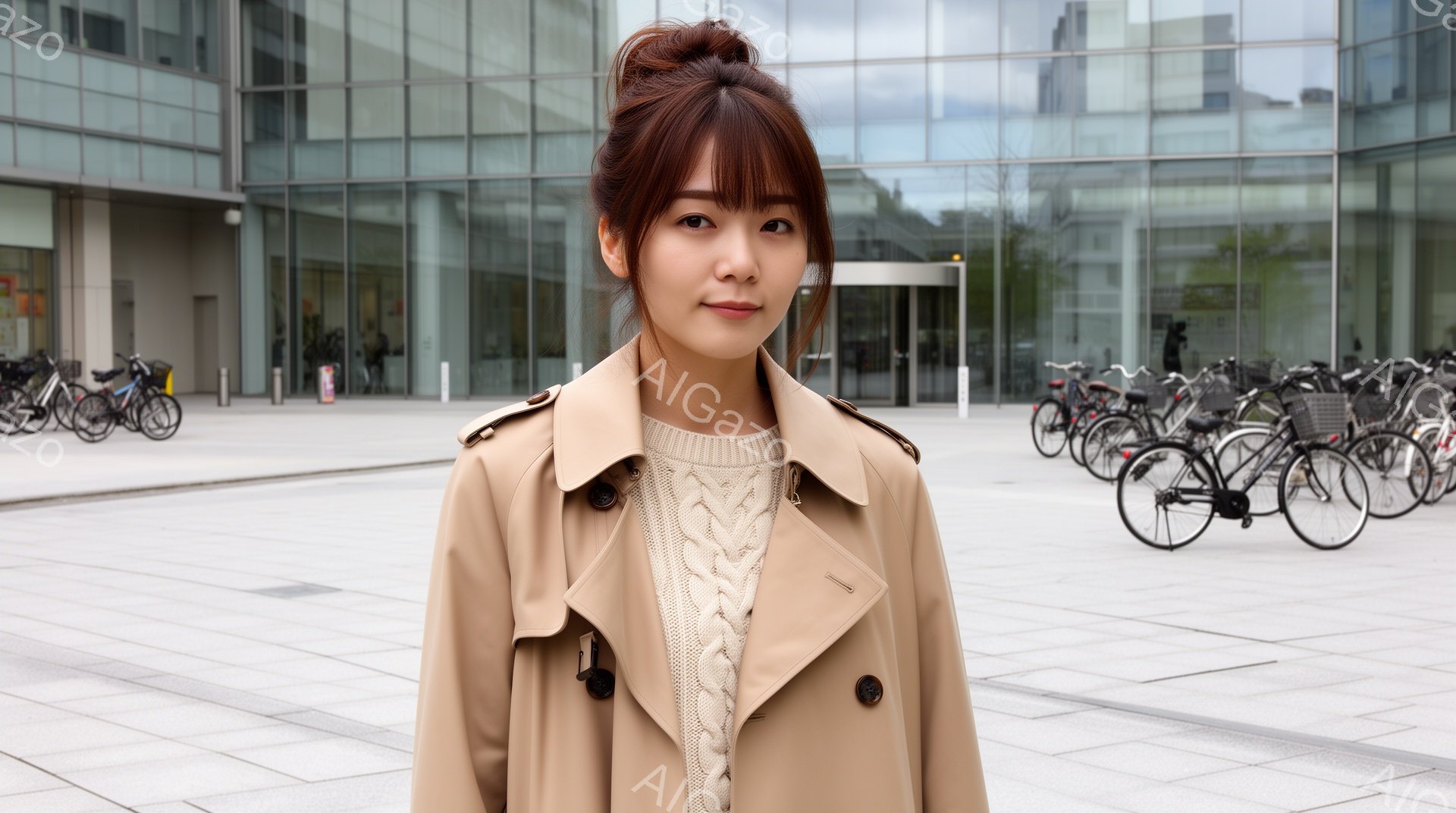 若い女性がベージュのトレンチコートとケーブルニットのセーターを着て正面を向いています。彼女は髪をハーフアップにしており、穏やかな表情を浮かべています。背景には近代的なガラス張りの建物と自転車が並んだ駐 - AI生成フリー素材