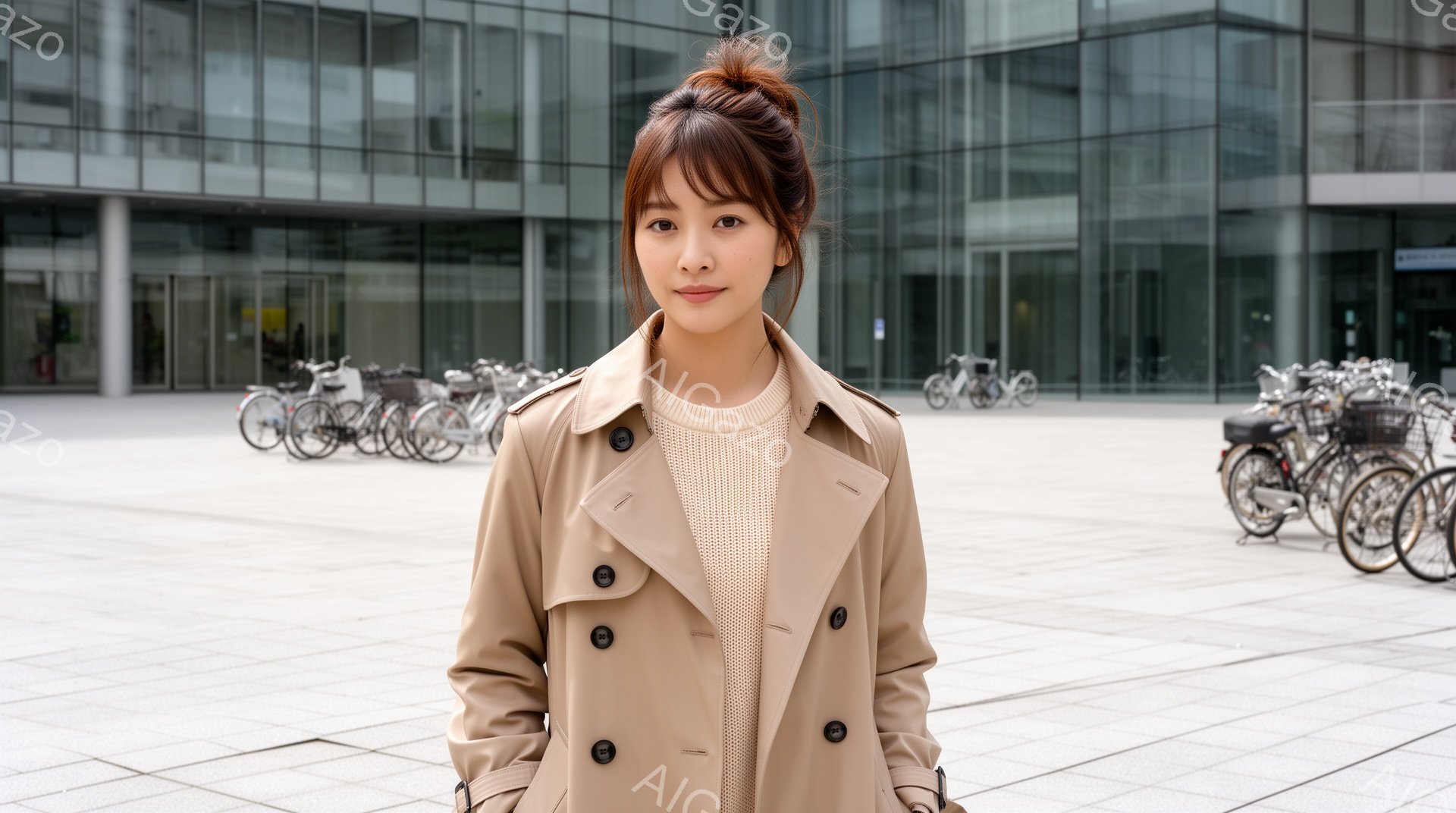 明るい色のトレンチコートを着た若い女性が正面を向いています。彼女はセーターを着ており、髪は後ろでまとめたハーフアップスタイルです。背景にはガラス張りの建物と多くの自転車が並び、晴れた日の屋外で撮影され - AI生成フリー素材