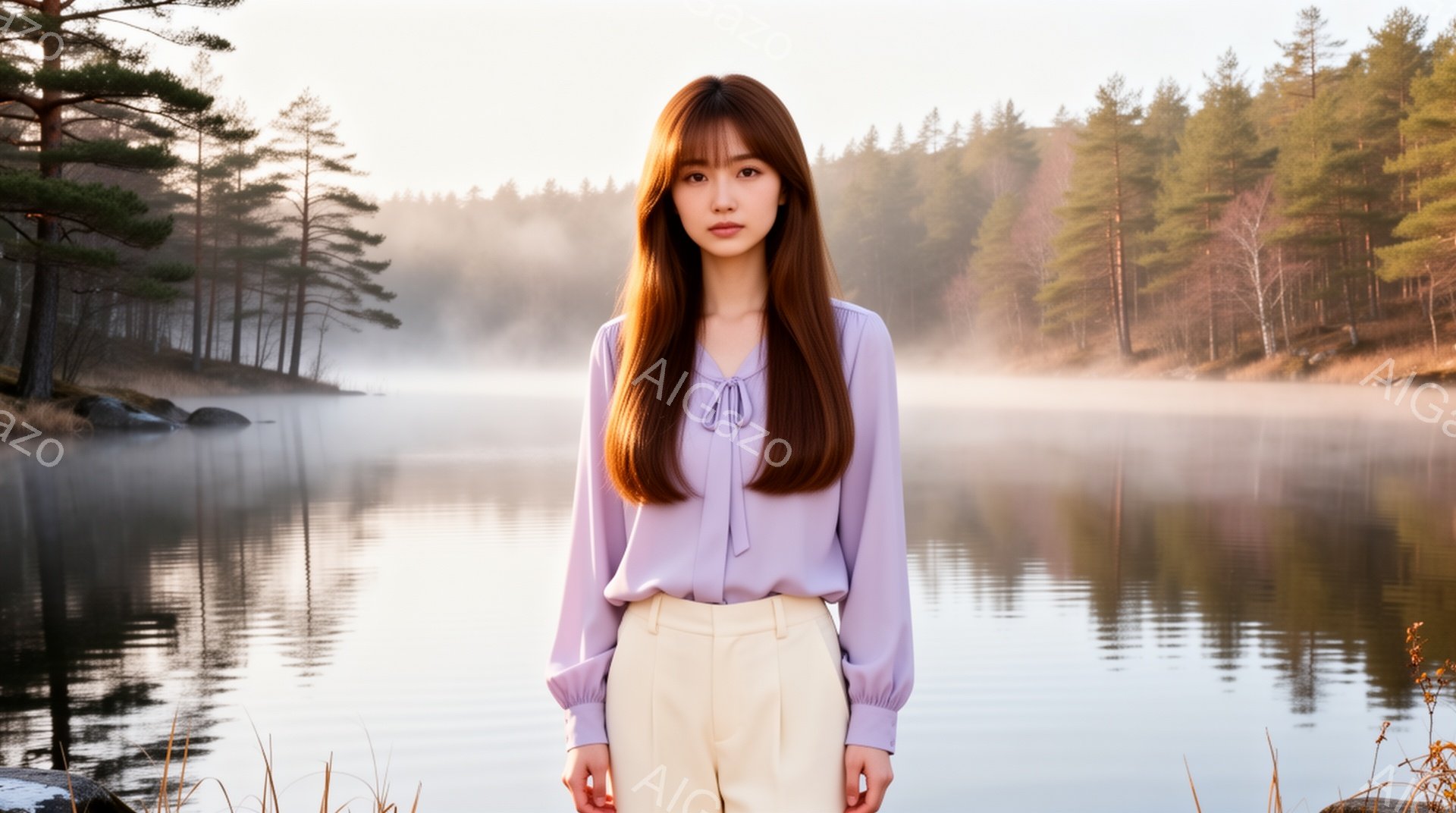 長い茶色の髪をセンターパートにした女性が、薄紫色のブラウスとクリーム色のズボンを身に着けて立っています。彼女は正面を見据え、穏やかな表情を浮かべています。背景には霧のかかった湖と、その奥に生い茂る木々 - AI生成フリー素材